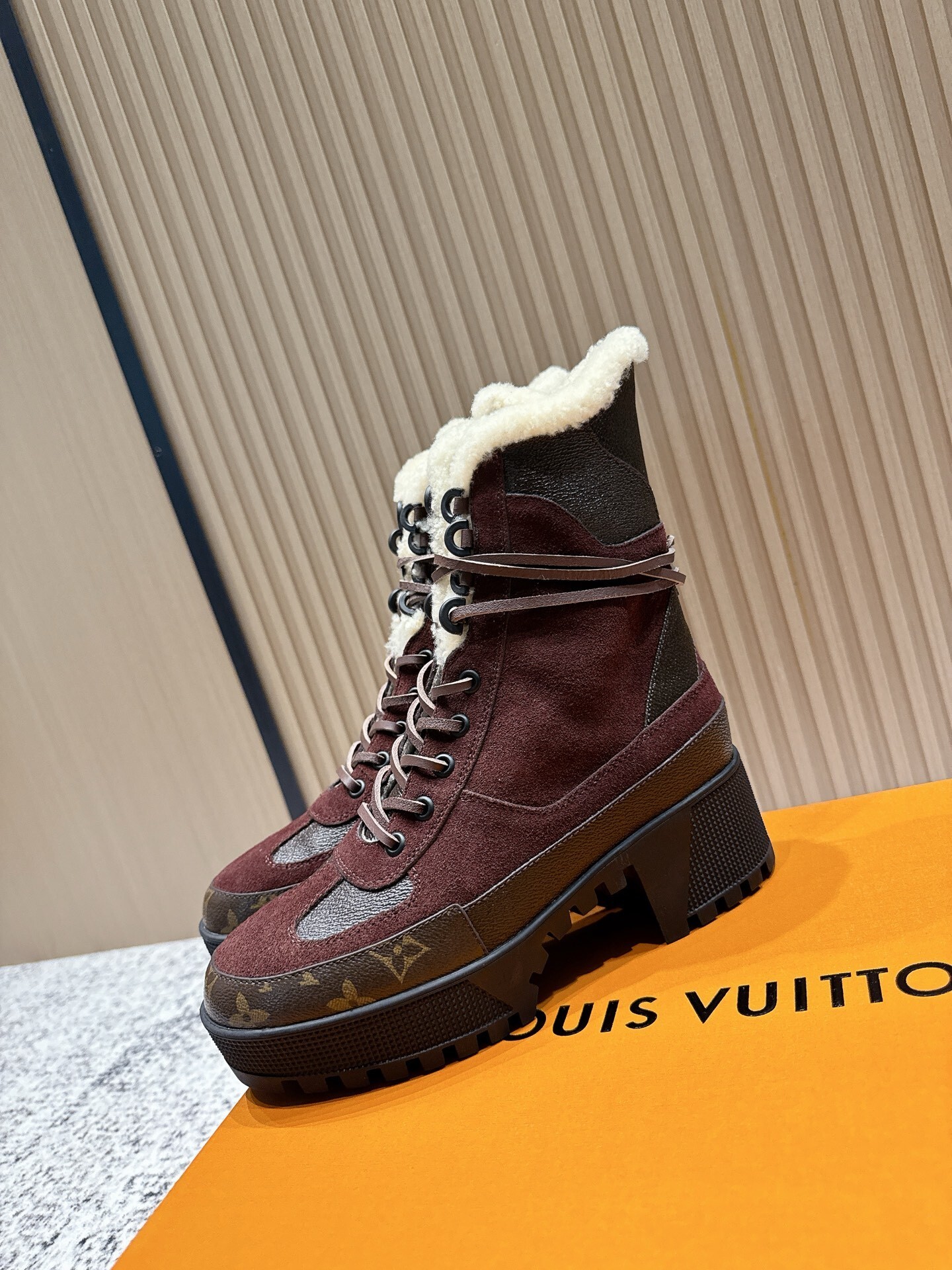 Louis Vuitton Women's Monogram Suede Shearling Combat Boots