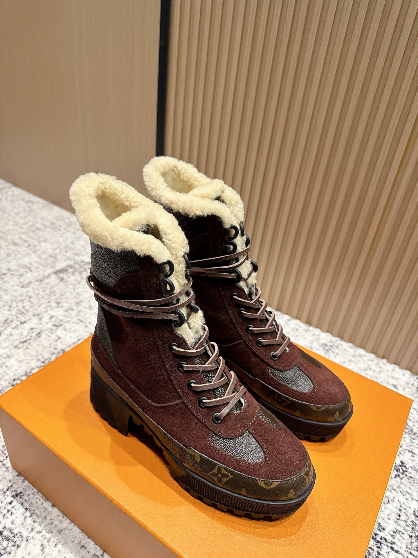 Louis Vuitton Women's Monogram Suede Shearling Combat Boots