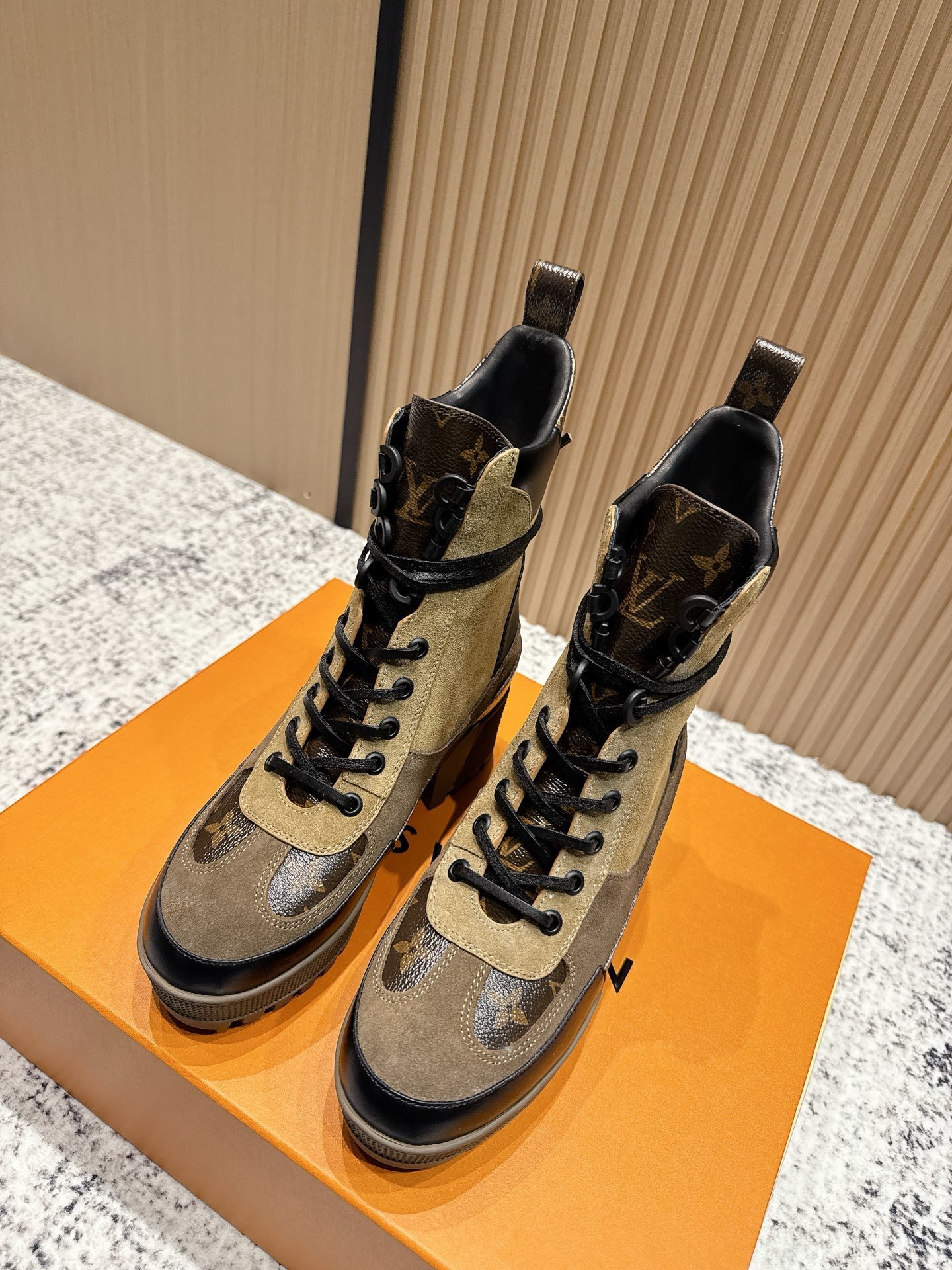 Louis Vuitton Monogram Suede & Leather Lace-Up Ankle Boots