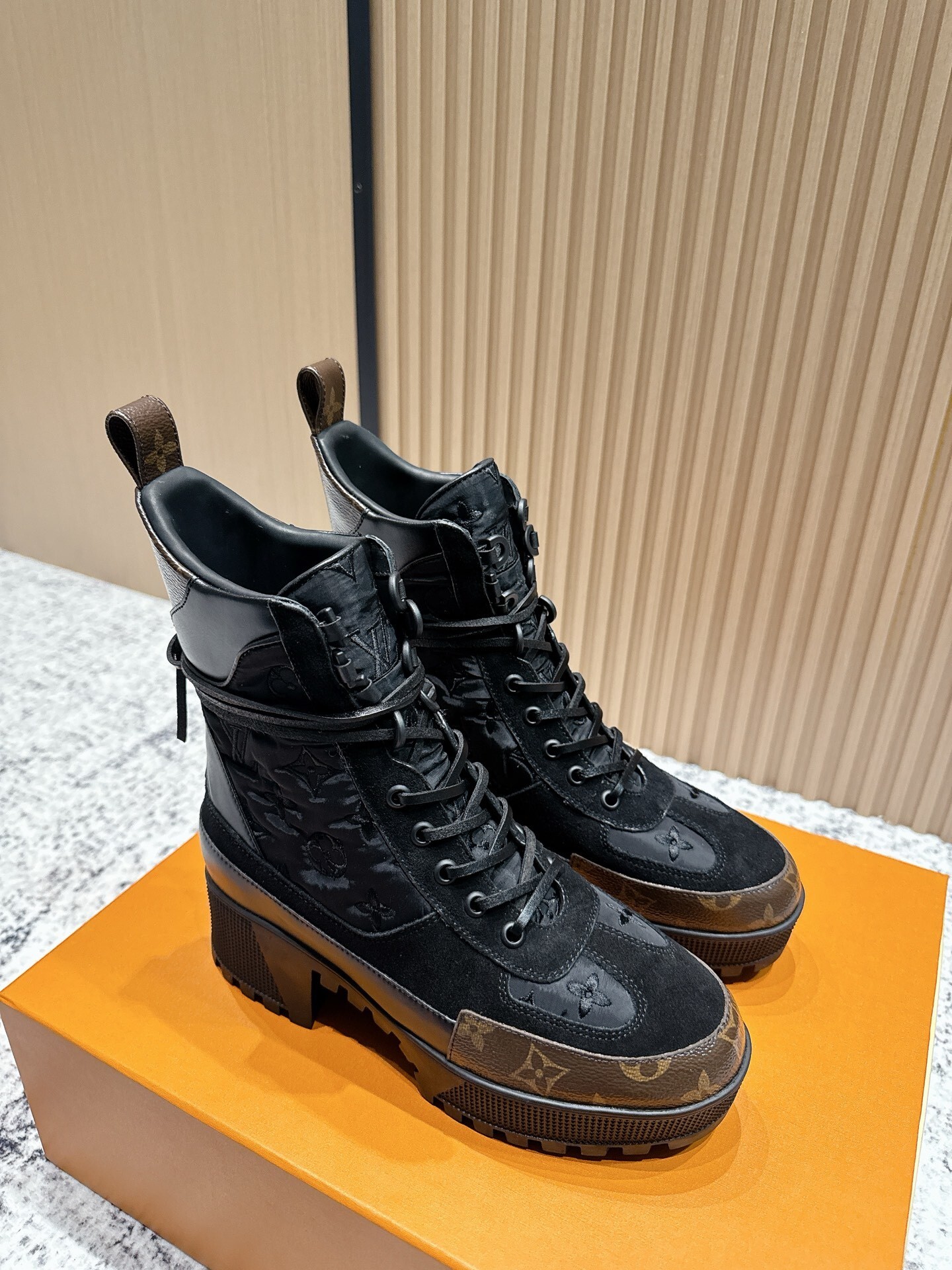 Luxury Black Suede Platform Desert Boots with Monogram Trim