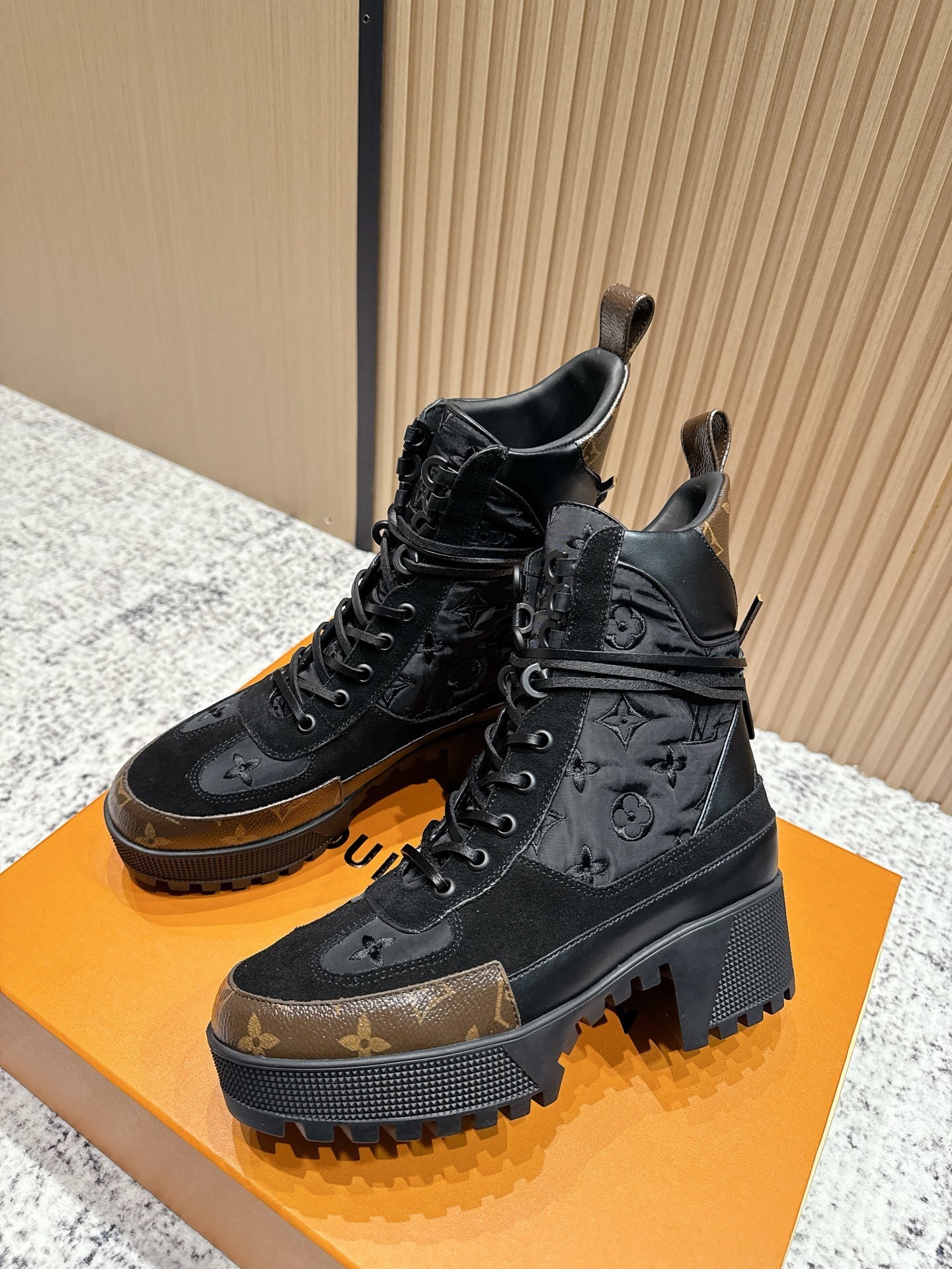 Luxury Black Suede Platform Desert Boots with Monogram Trim