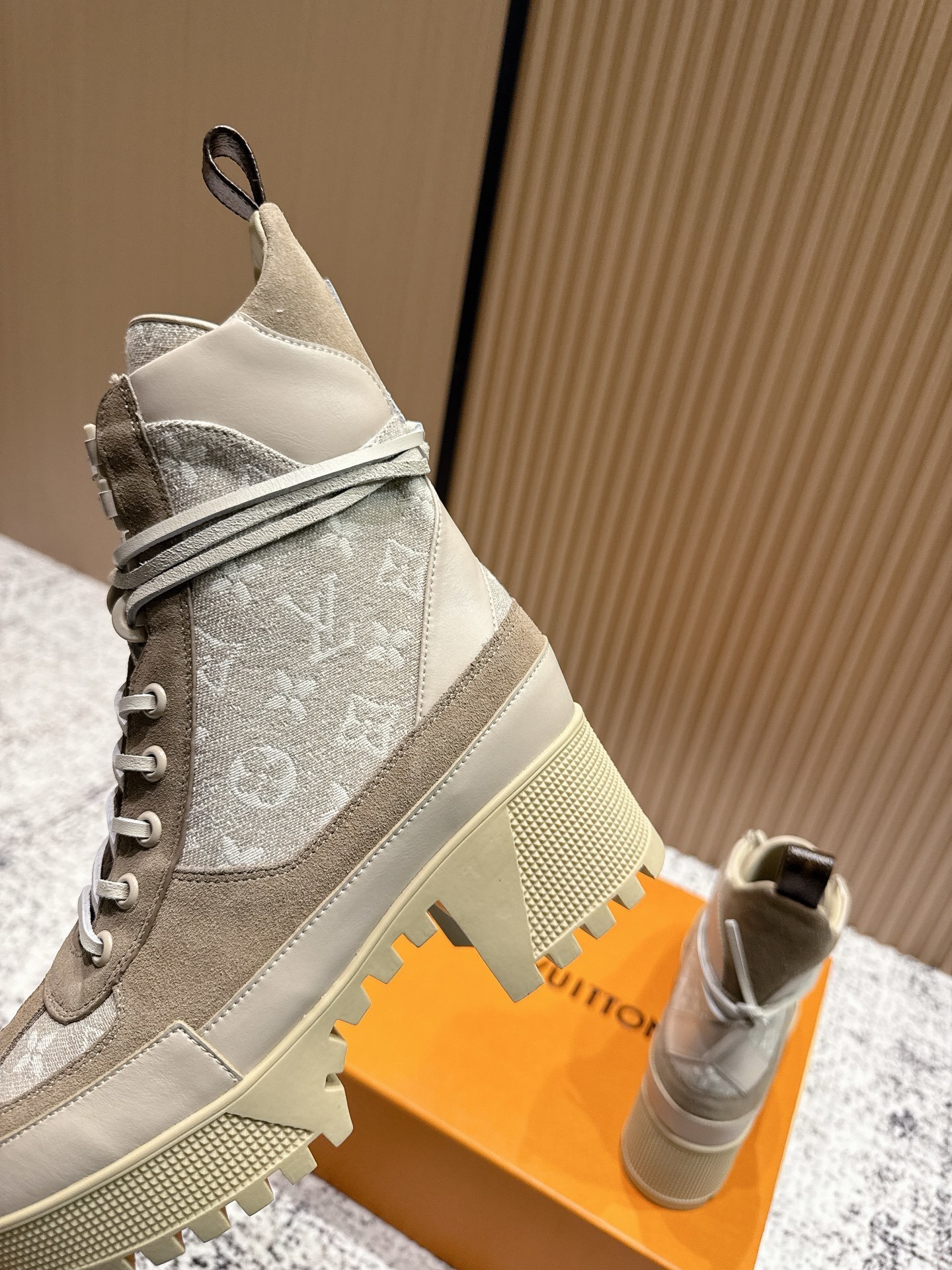Louis Vuitton Women's Monogram Canvas Beige Suede Heel Boots