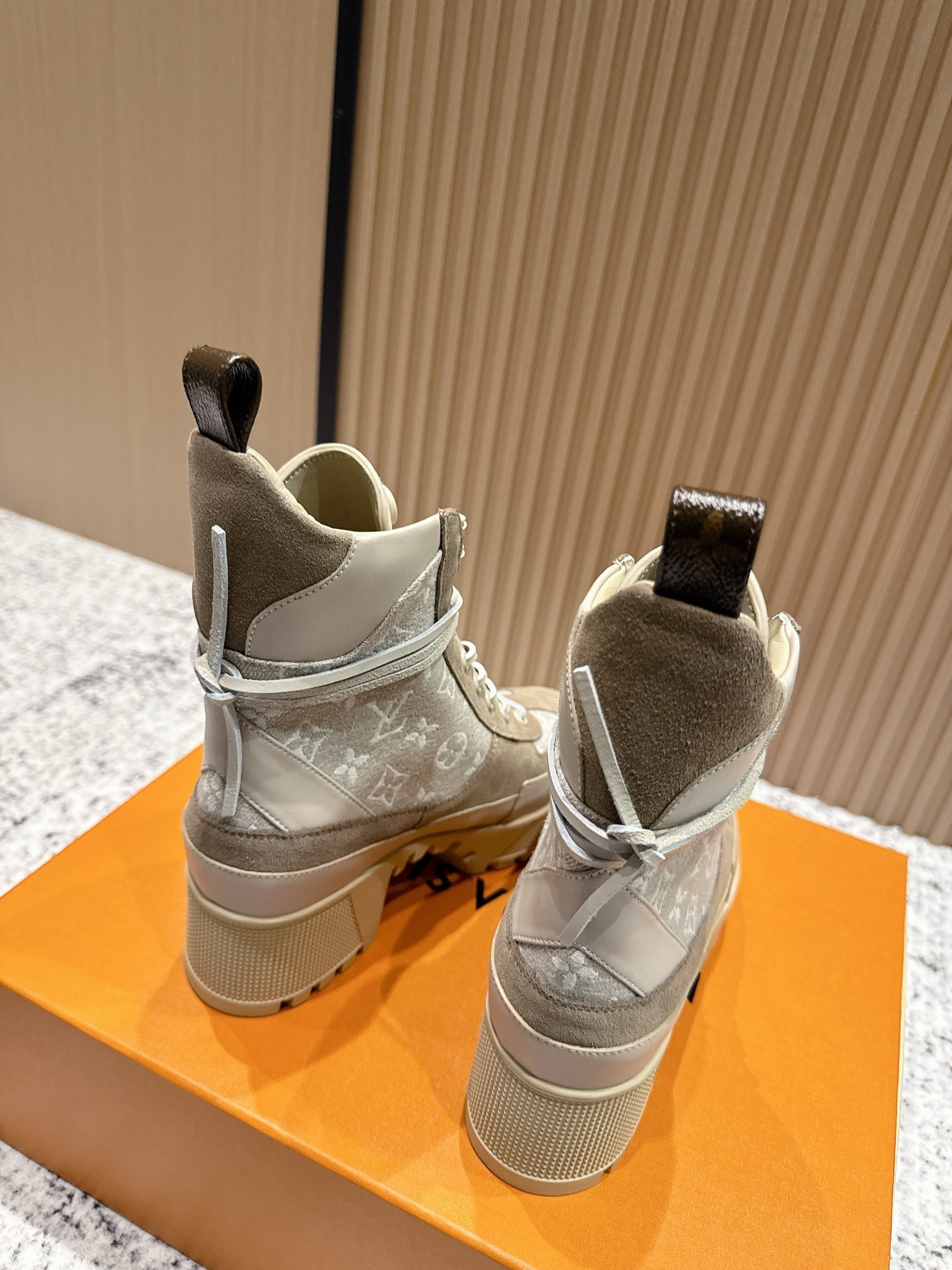 Louis Vuitton Women's Monogram Canvas Beige Suede Heel Boots