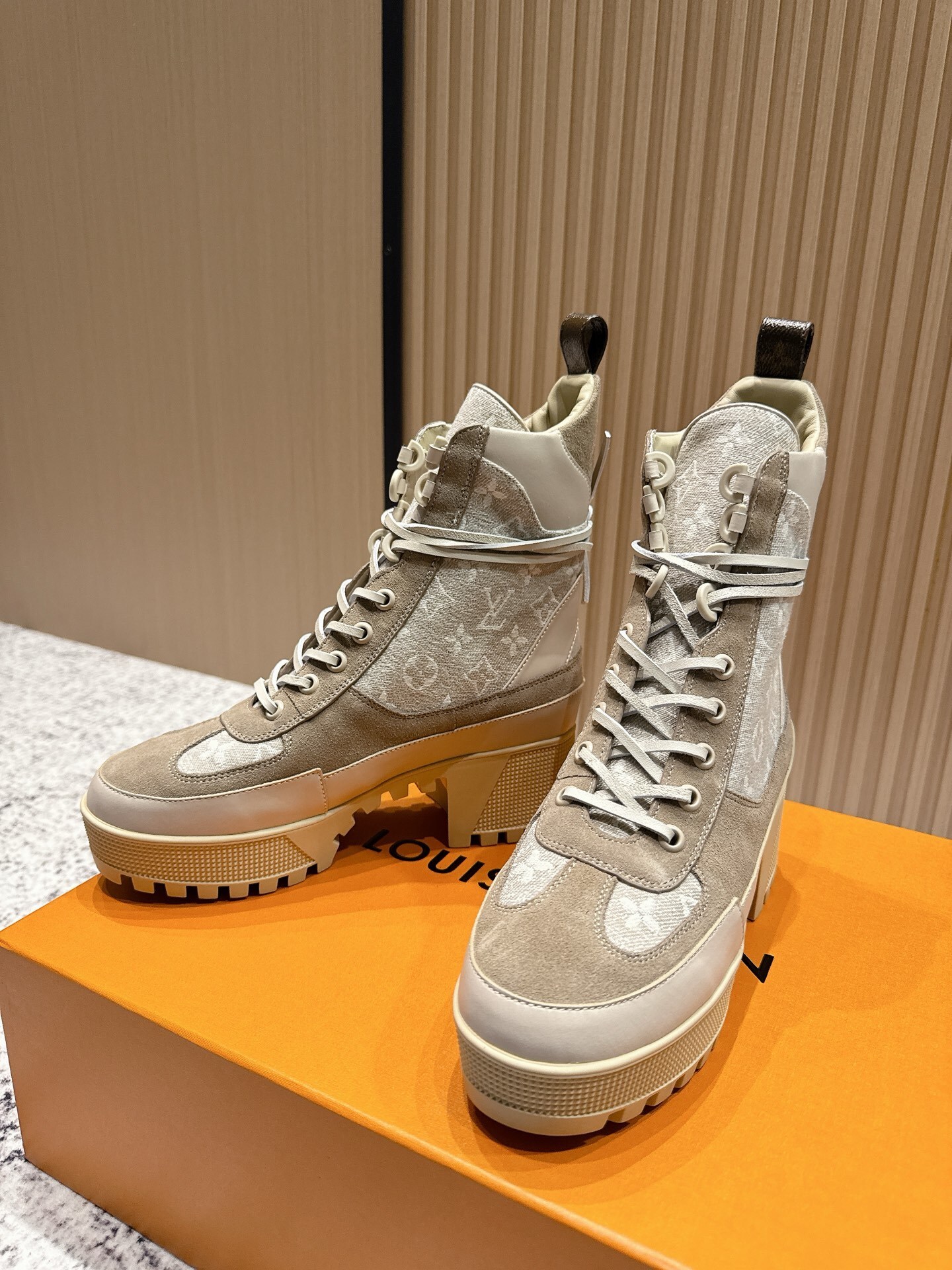 Louis Vuitton Women's Monogram Canvas Beige Suede Heel Boots