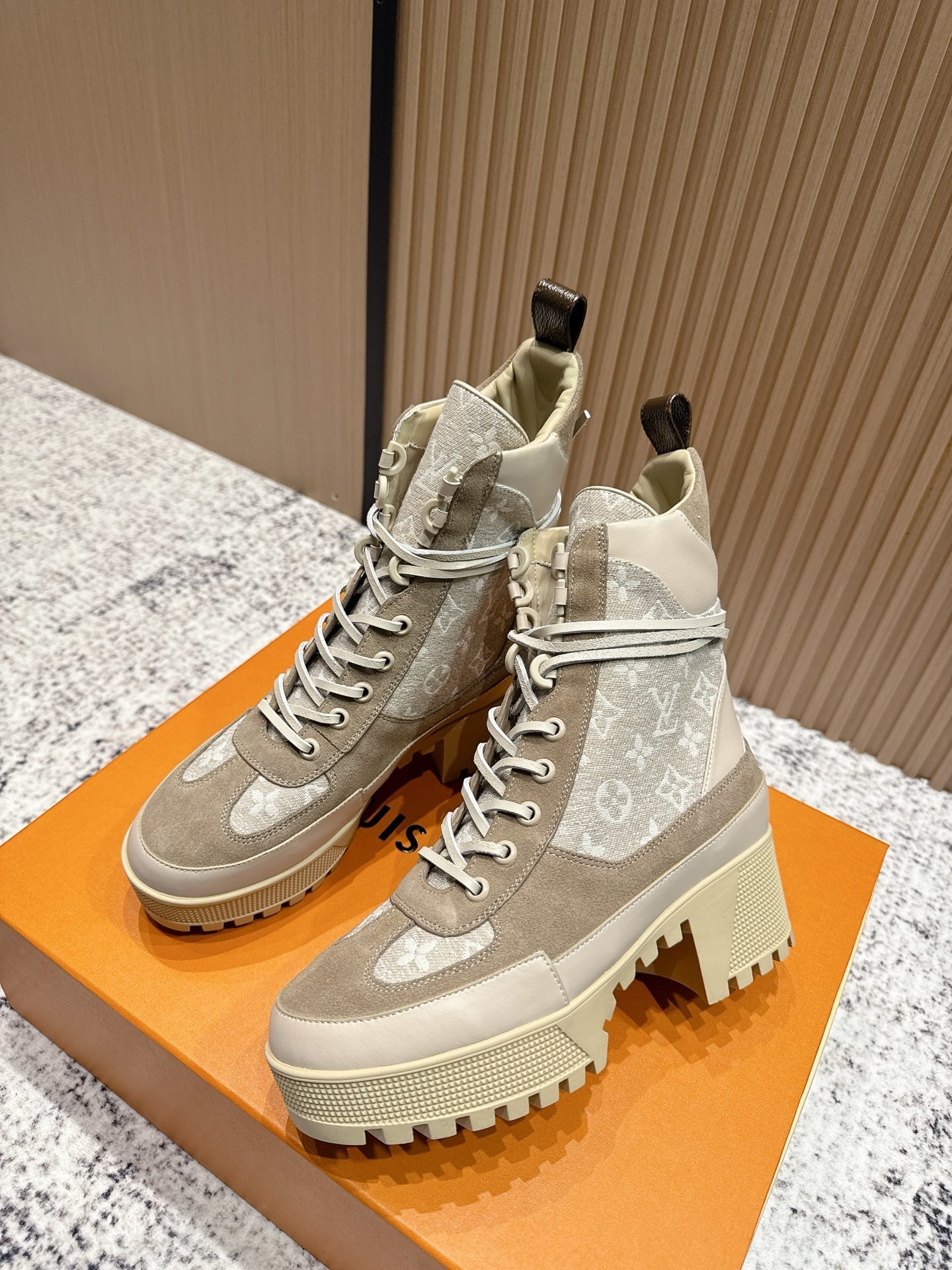 Louis Vuitton Women's Monogram Canvas Beige Suede Heel Boots