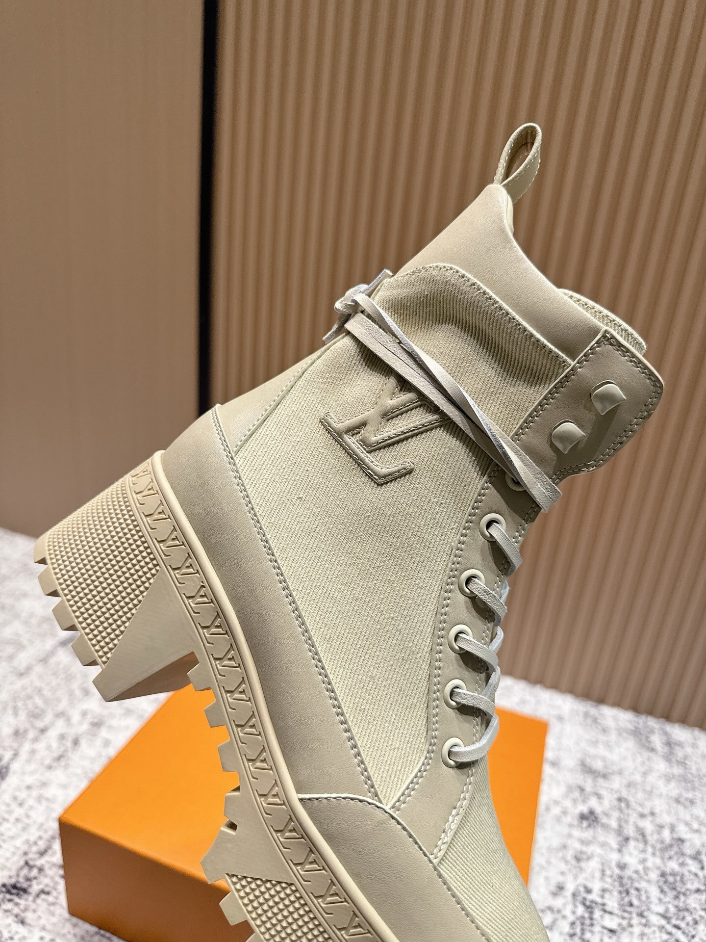 Louis Vuitton Beige Canvas Platform Lace-Up Ankle Boots