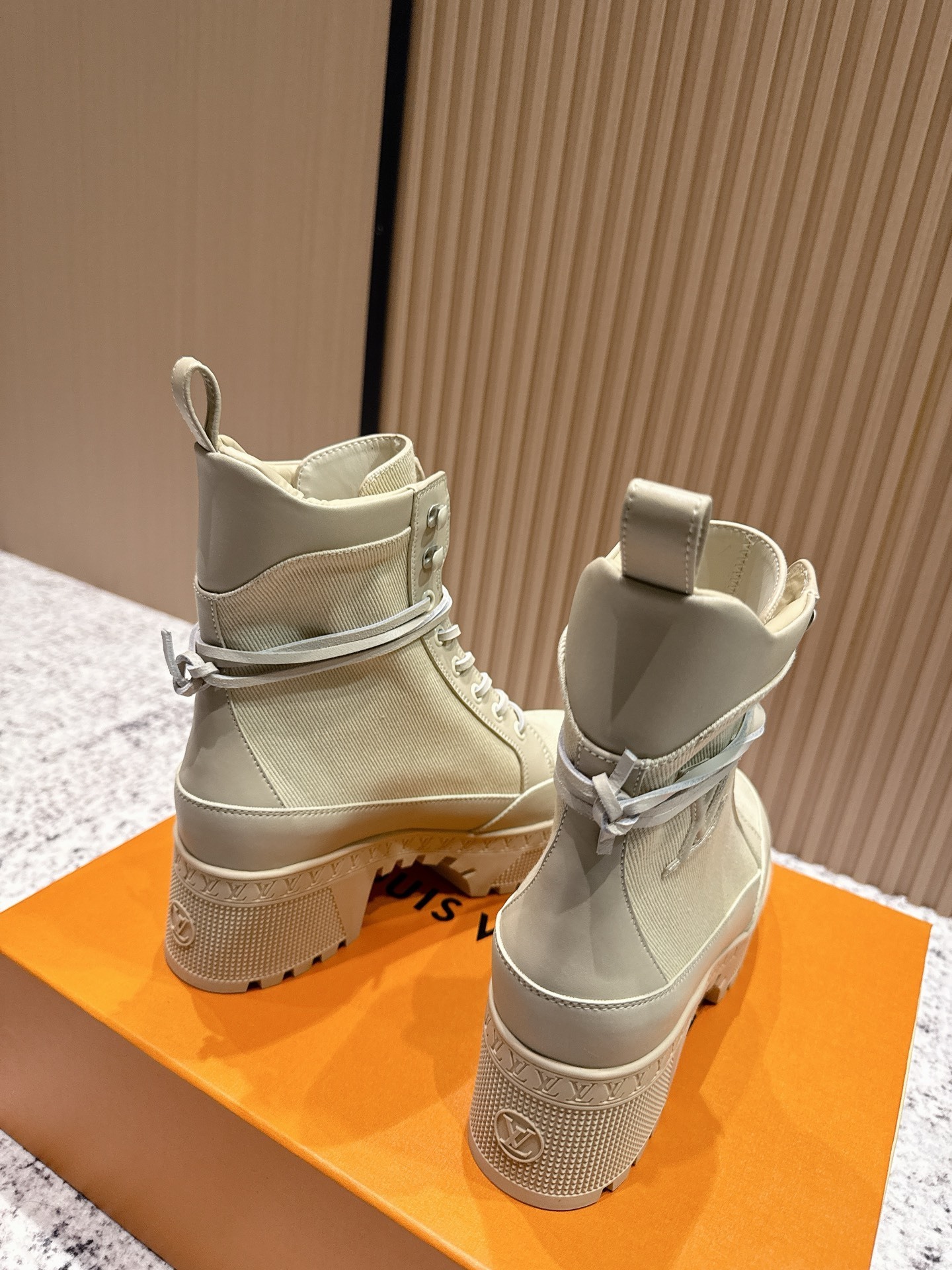 Louis Vuitton Beige Canvas Platform Lace-Up Ankle Boots