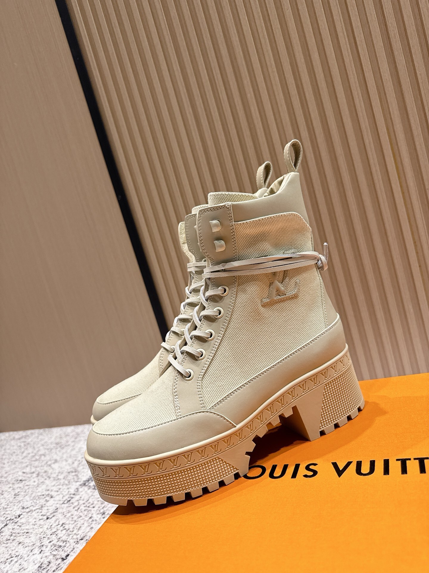 Louis Vuitton Beige Canvas Platform Lace-Up Ankle Boots