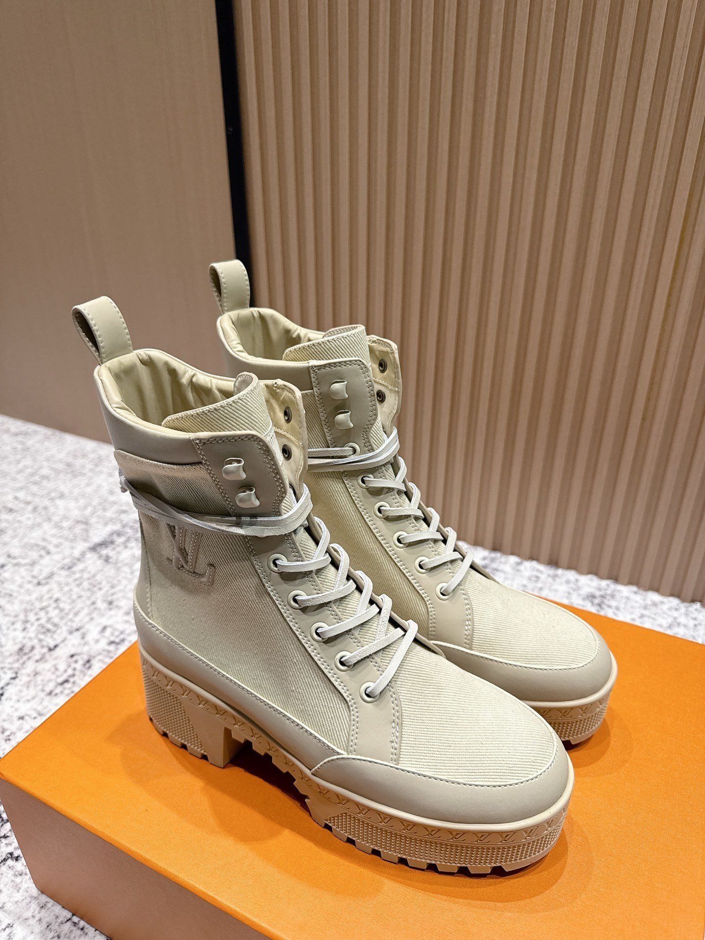 Louis Vuitton Beige Canvas Platform Lace-Up Ankle Boots
