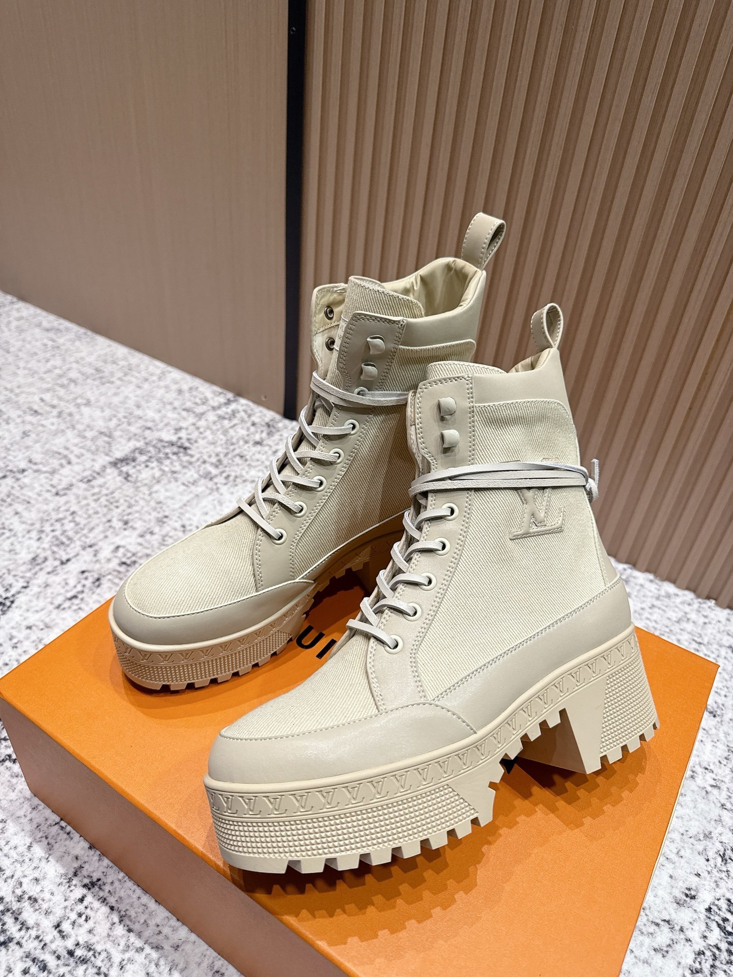 Louis Vuitton Beige Canvas Platform Lace-Up Ankle Boots