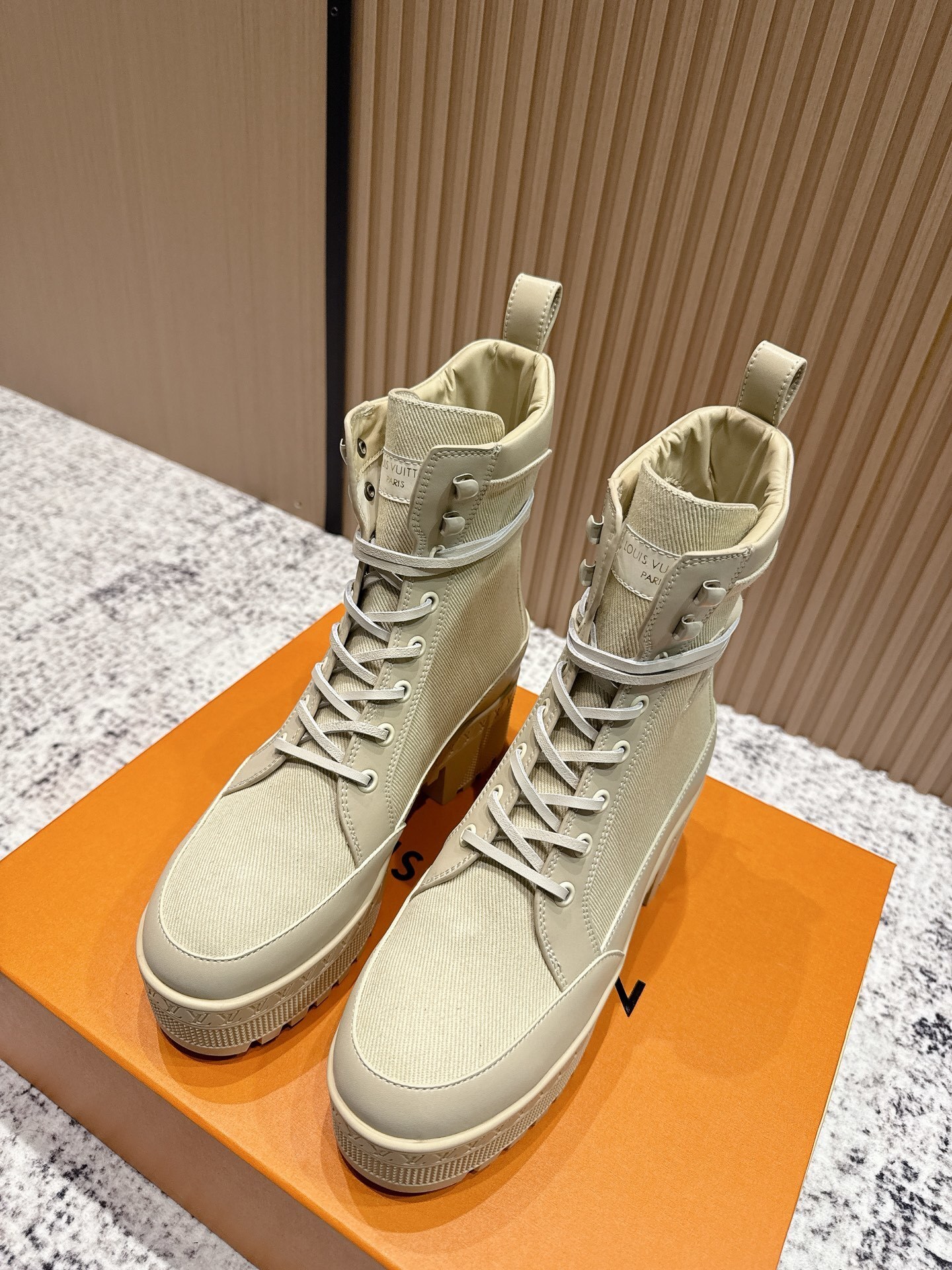 Louis Vuitton Beige Canvas Platform Lace-Up Ankle Boots