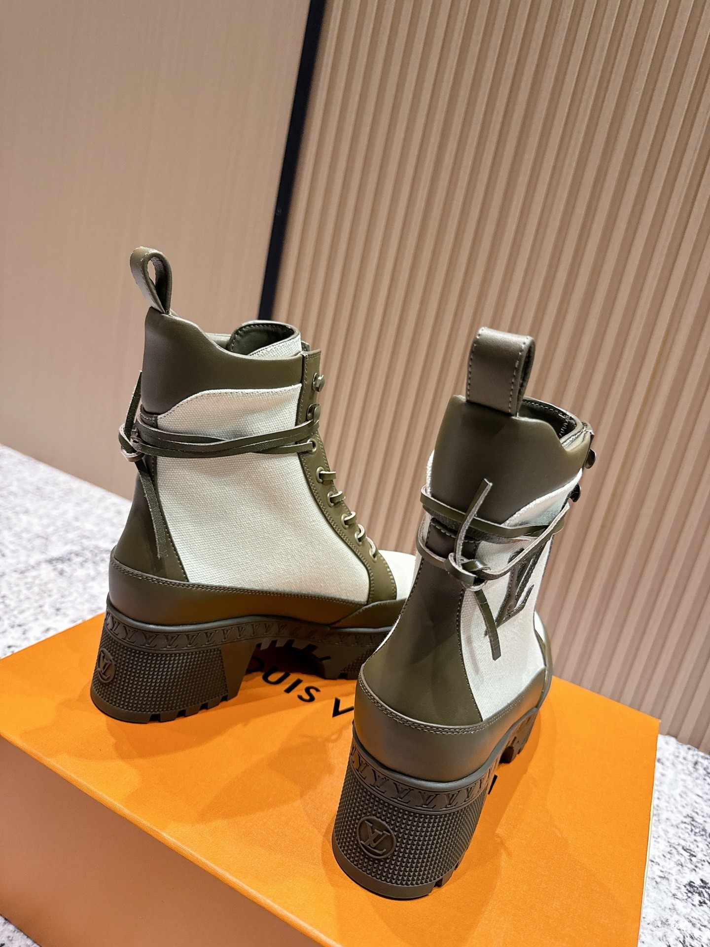 Louis Vuitton Inspired Canvas Platform Boots - Olive Green & Beige