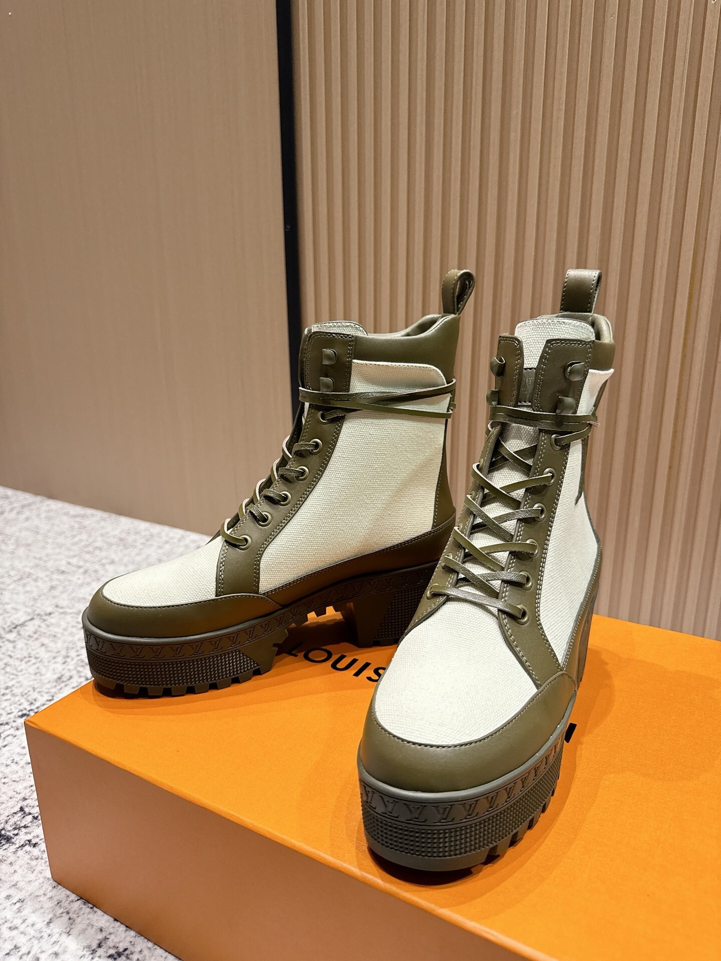 Louis Vuitton Inspired Canvas Platform Boots - Olive Green & Beige