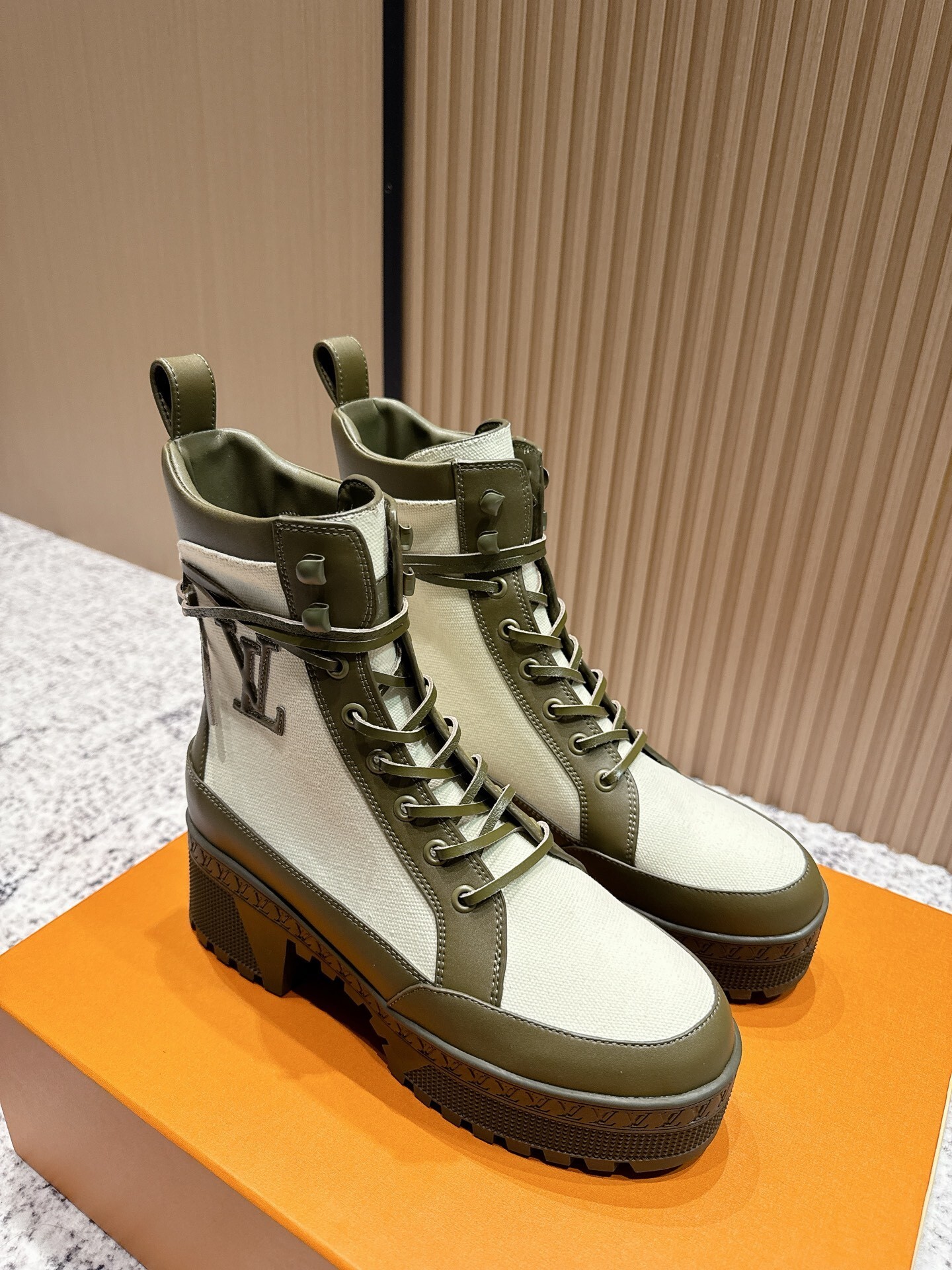Louis Vuitton Inspired Canvas Platform Boots - Olive Green & Beige