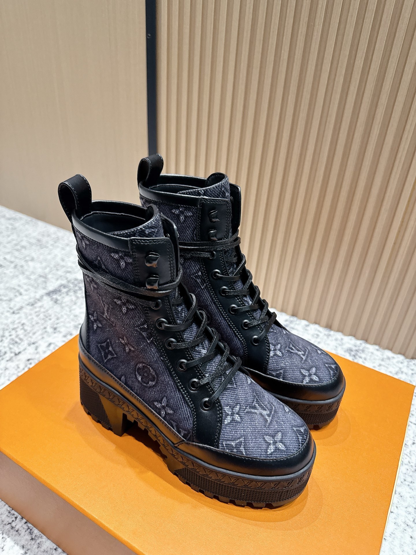 Louis Vuitton Monogram Denim High Heel Platform Combat Boots