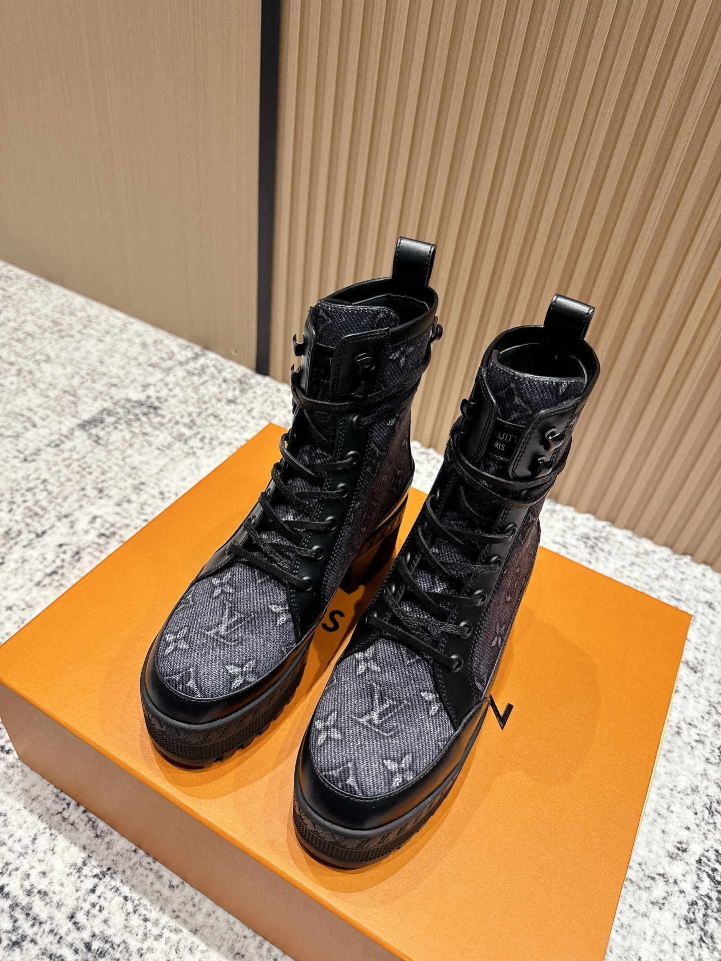 Louis Vuitton Monogram Denim High Heel Platform Combat Boots