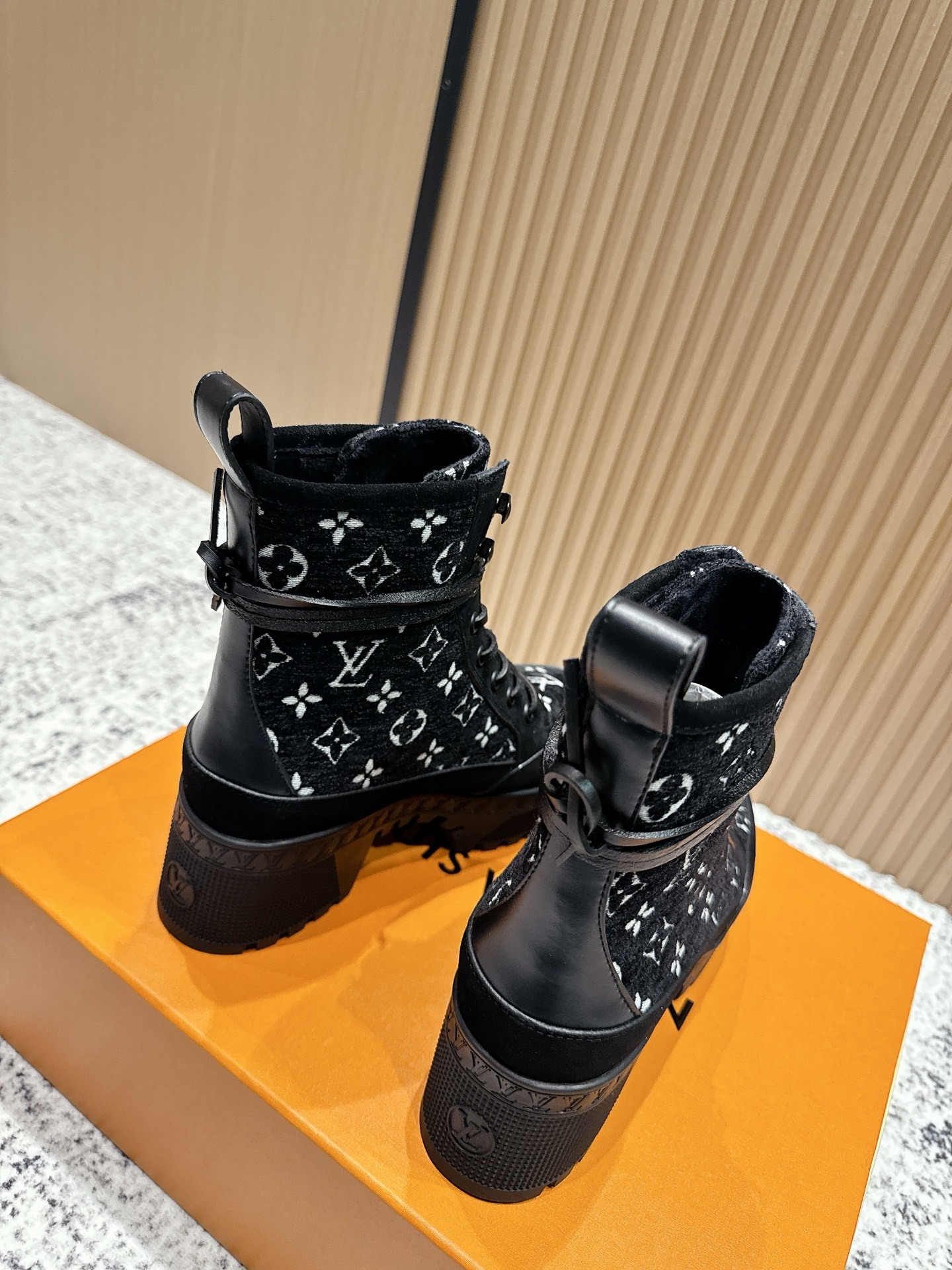 Louis Vuitton Black Monogram Platform Combat Boots with Block Heel