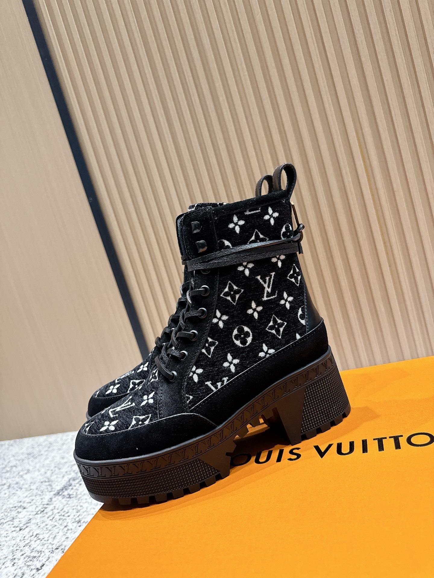 Louis Vuitton Black Monogram Platform Combat Boots with Block Heel
