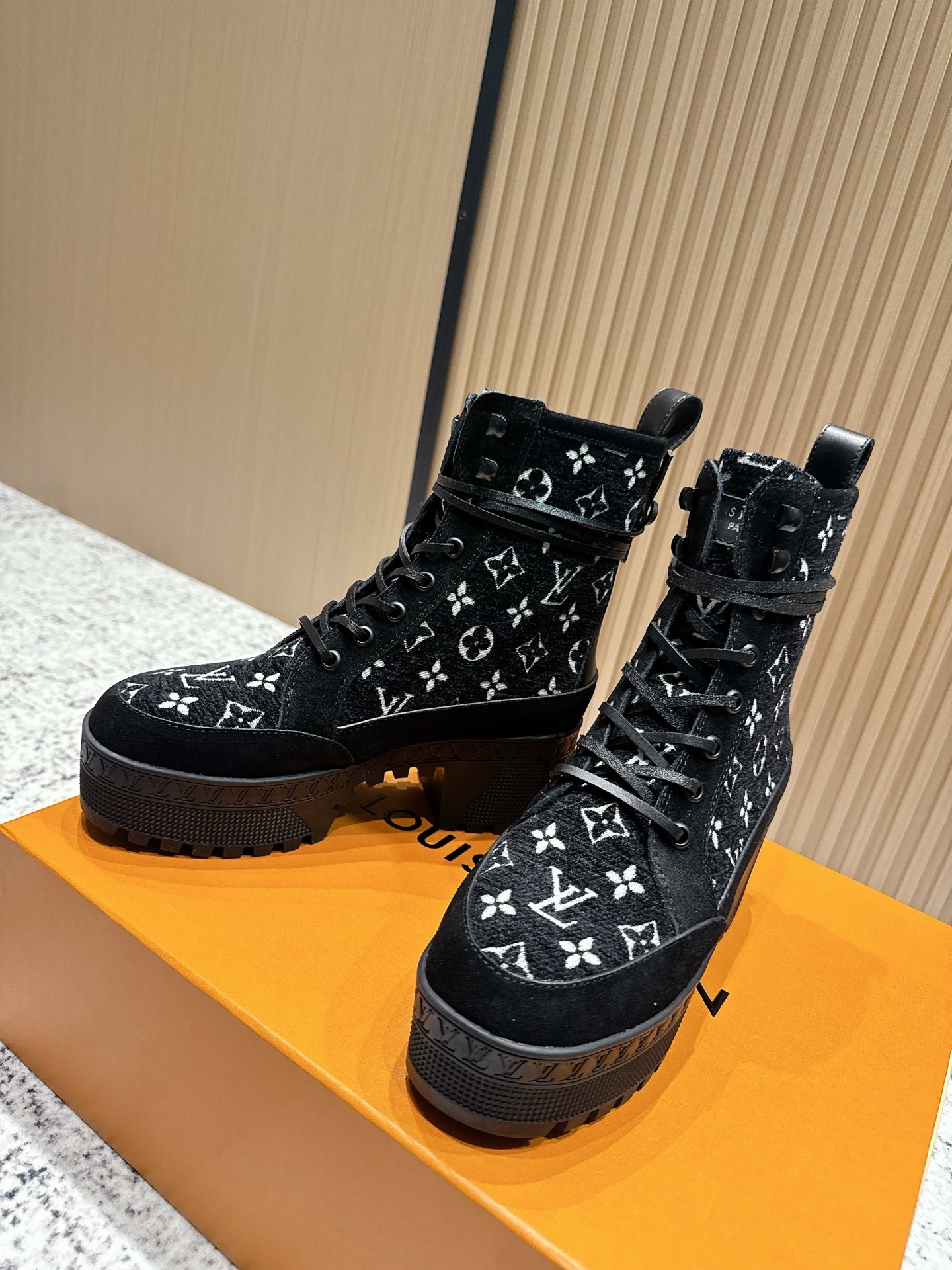 Louis Vuitton Black Monogram Platform Combat Boots with Block Heel