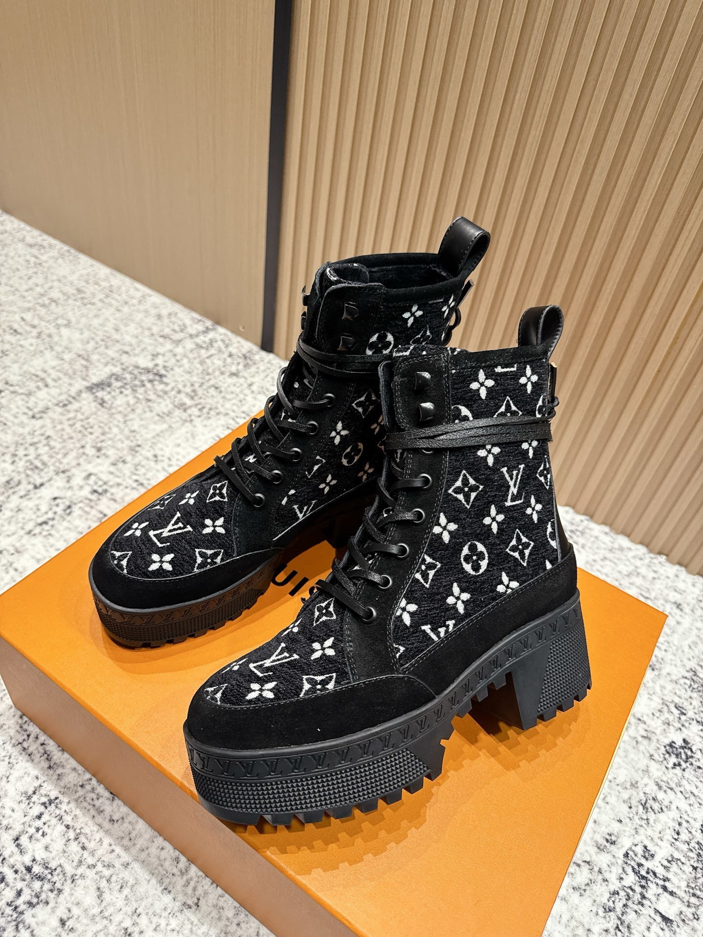 Louis Vuitton Black Monogram Platform Combat Boots with Block Heel