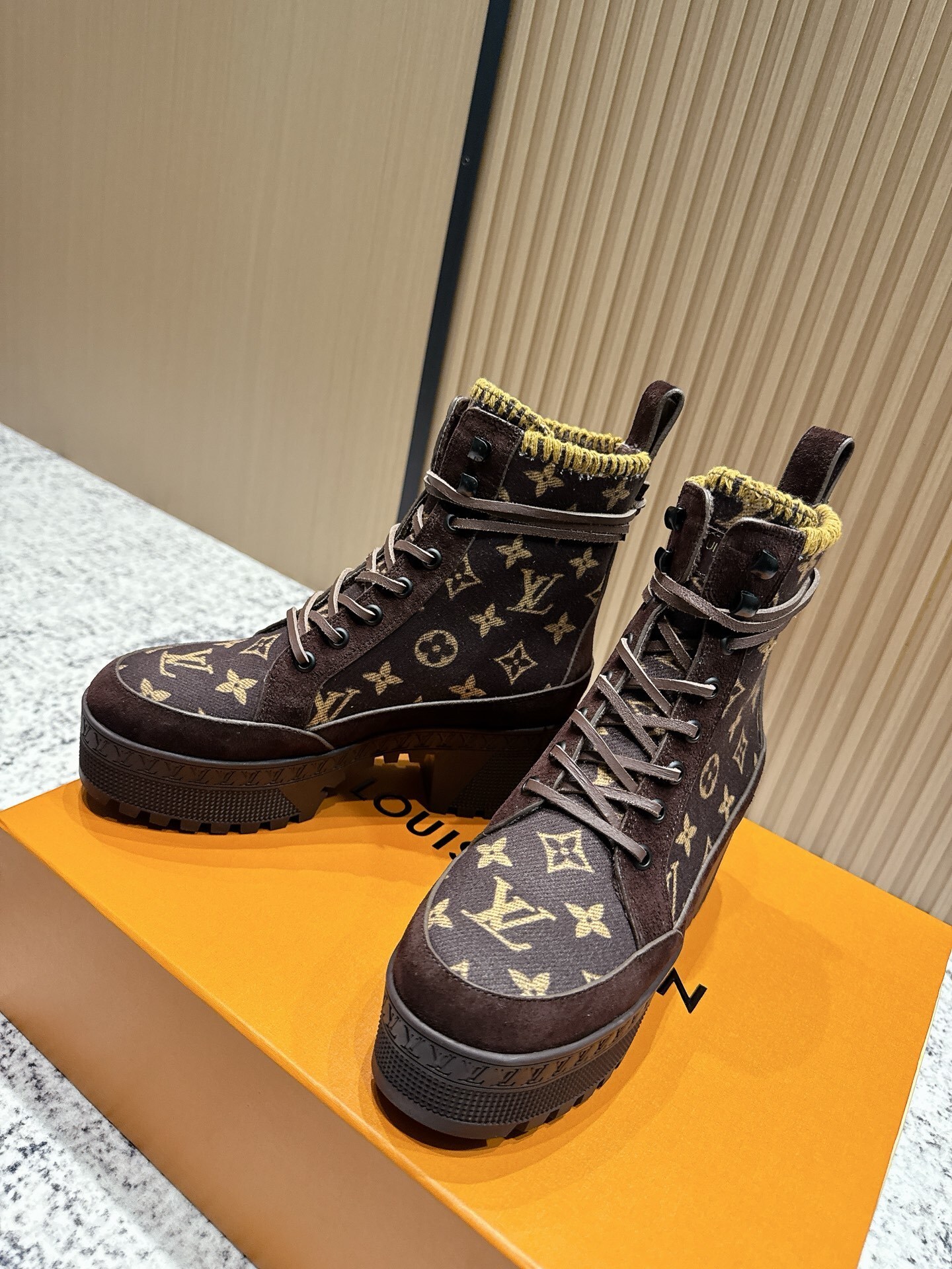 Luxury Monogram Lace-Up Platform Ankle Boots - Brown