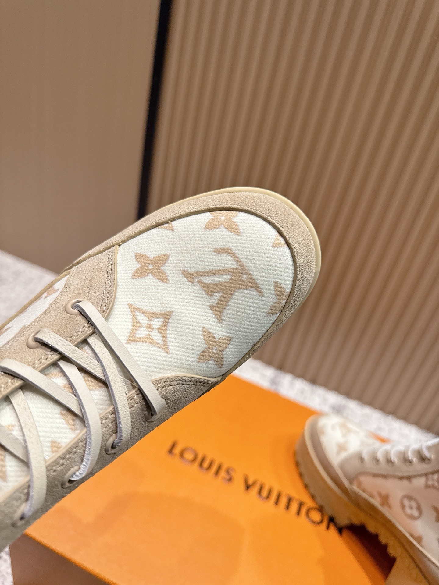 Luxury Monogram Beige Lace-Up Platform Ankle Boots for Women