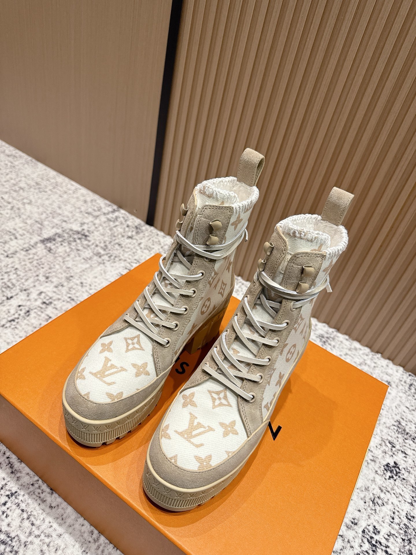 Luxury Monogram Beige Lace-Up Platform Ankle Boots for Women