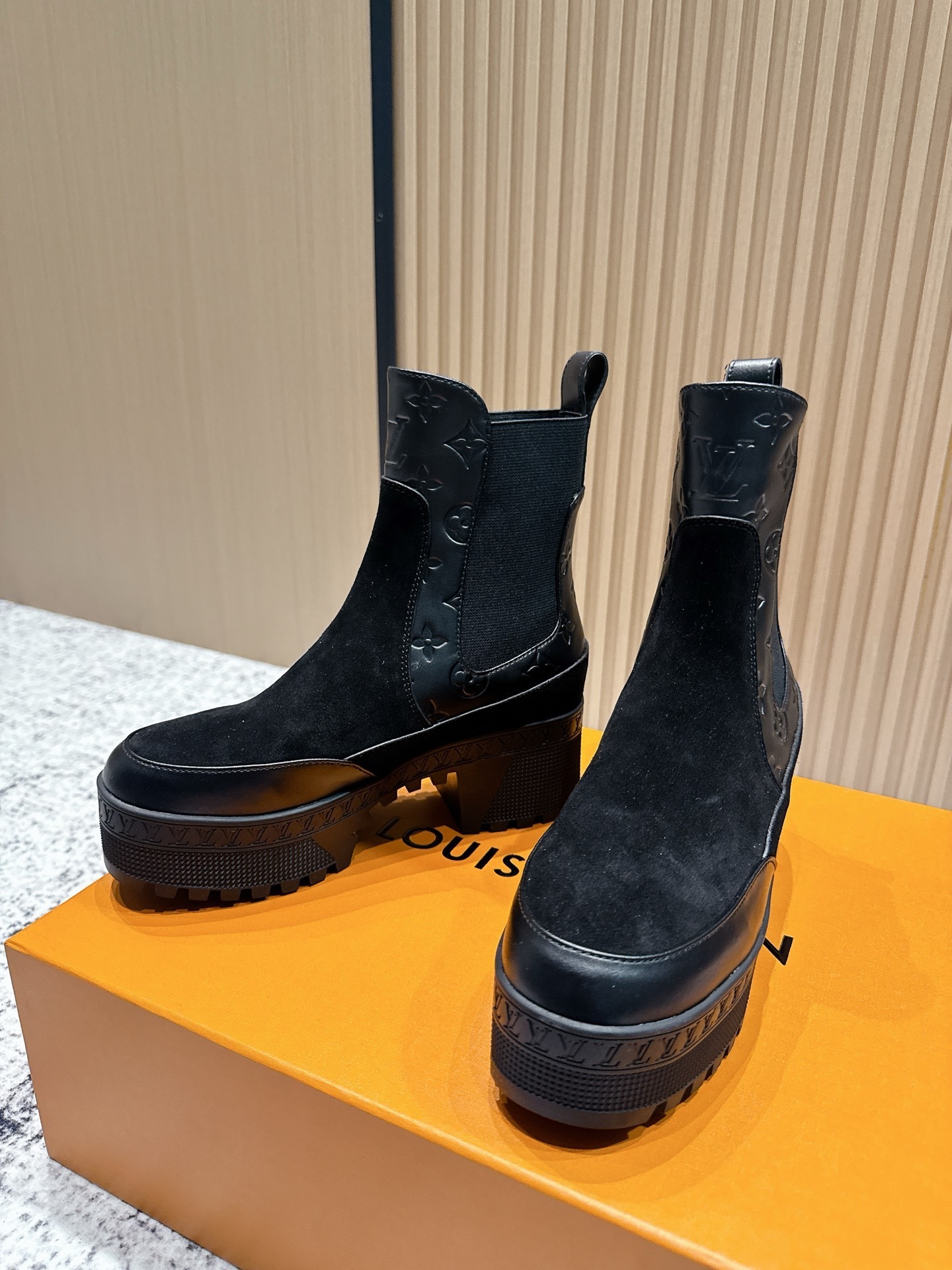 Louis Vuitton Black Suede & Monogram Leather Platform Chelsea Boots