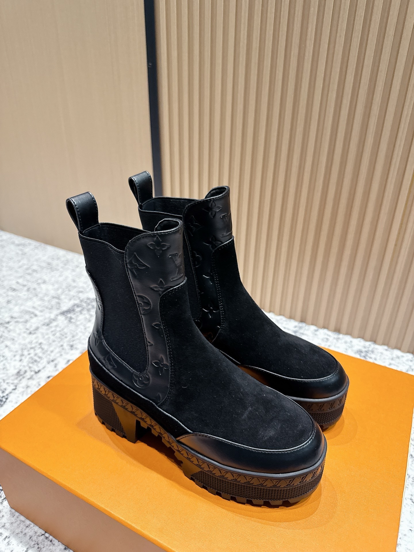 Louis Vuitton Black Suede & Monogram Leather Platform Chelsea Boots