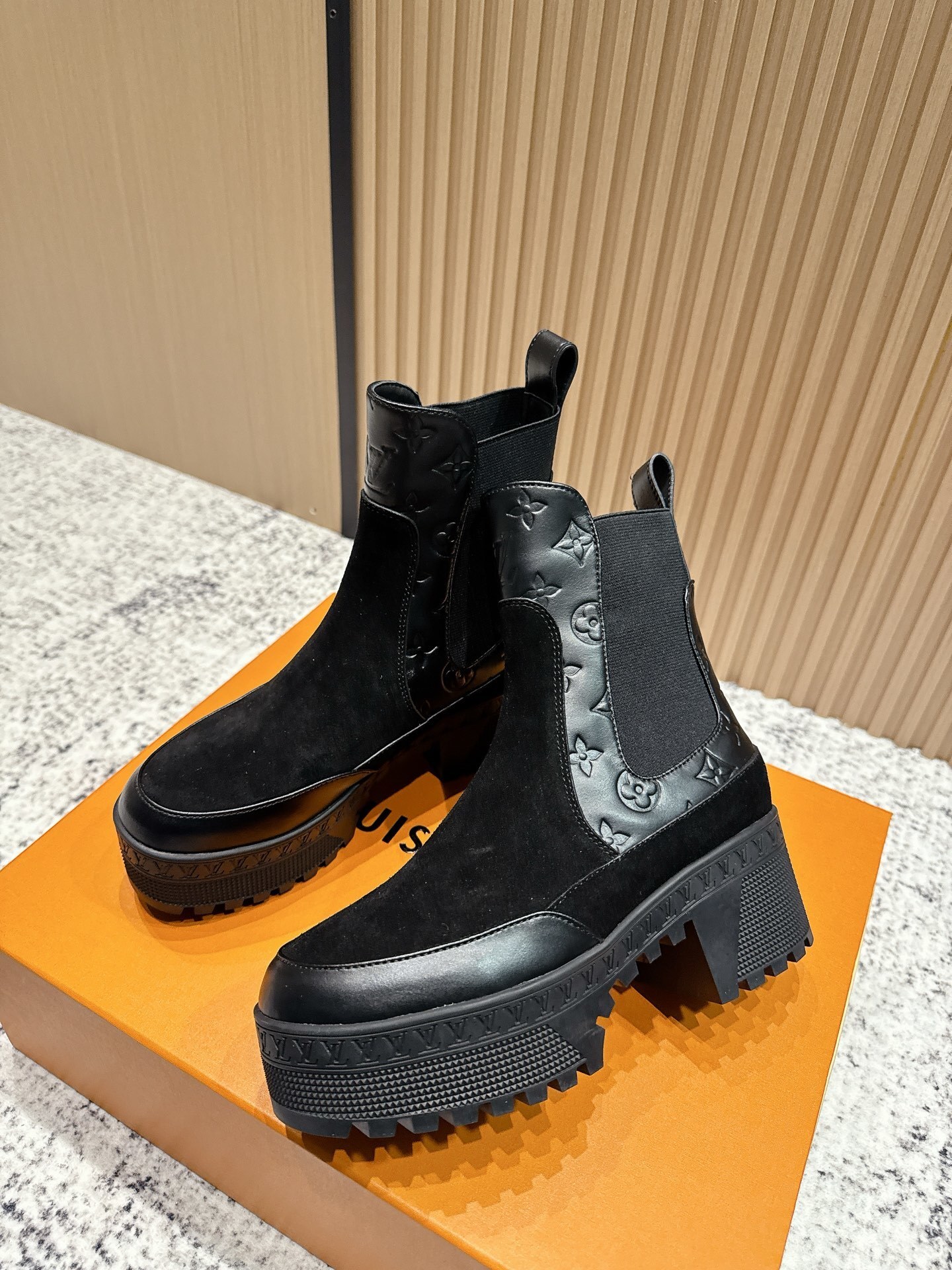 Louis Vuitton Black Suede & Monogram Leather Platform Chelsea Boots