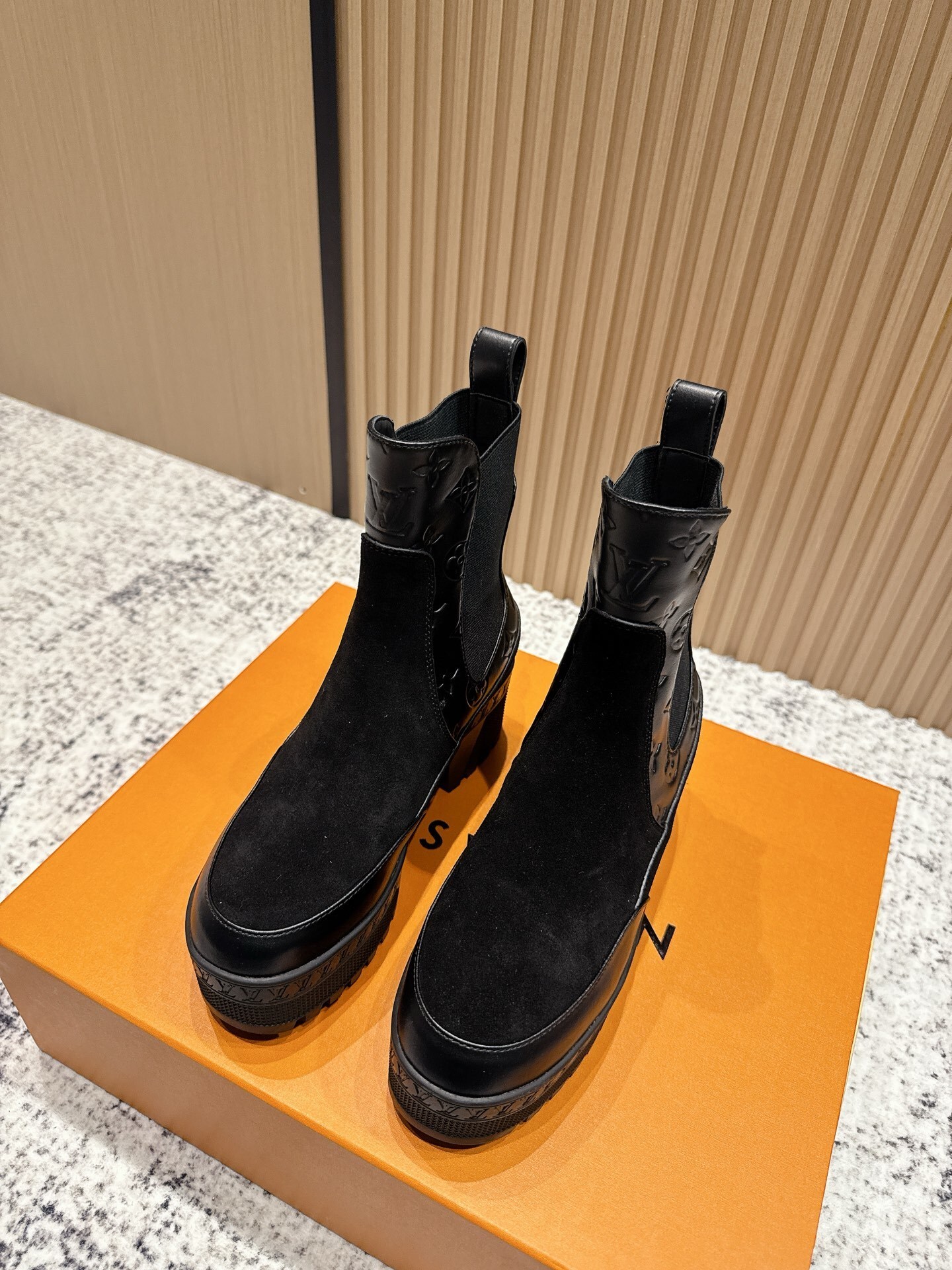 Louis Vuitton Black Suede & Monogram Leather Platform Chelsea Boots