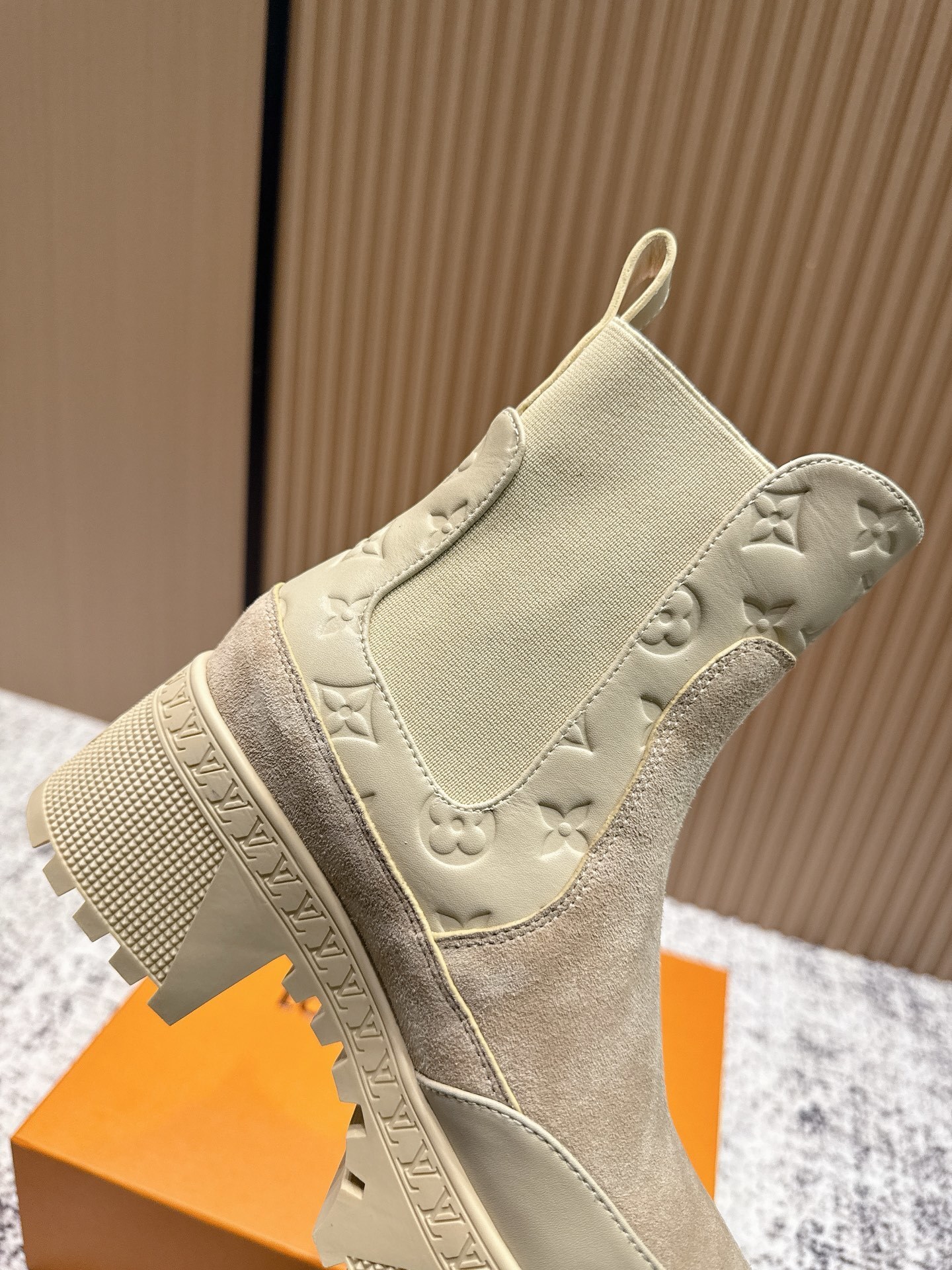 Louis Vuitton Beige Suede Monogram Platform Ankle Boots