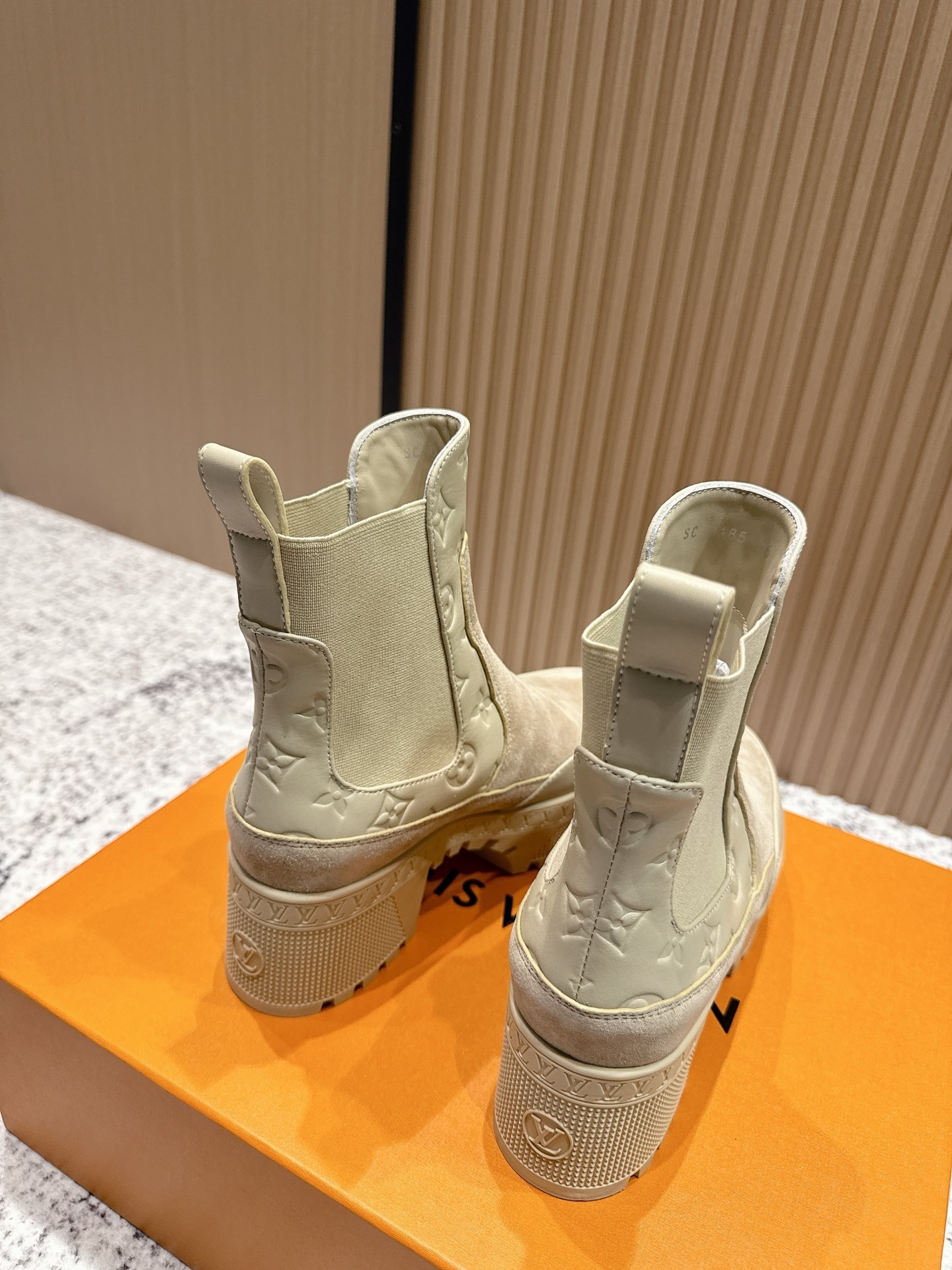 Louis Vuitton Beige Suede Monogram Platform Ankle Boots
