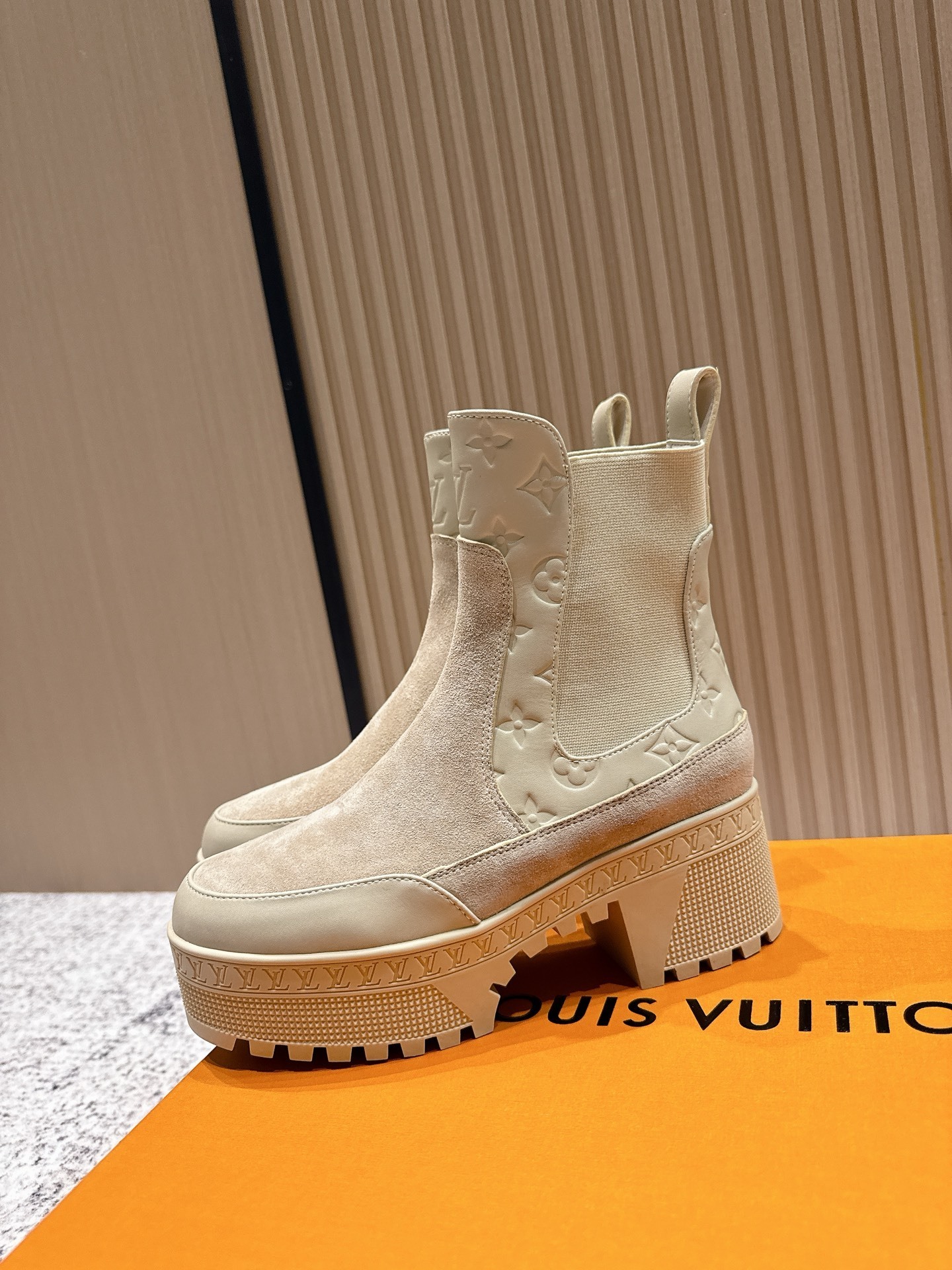 Louis Vuitton Beige Suede Monogram Platform Ankle Boots