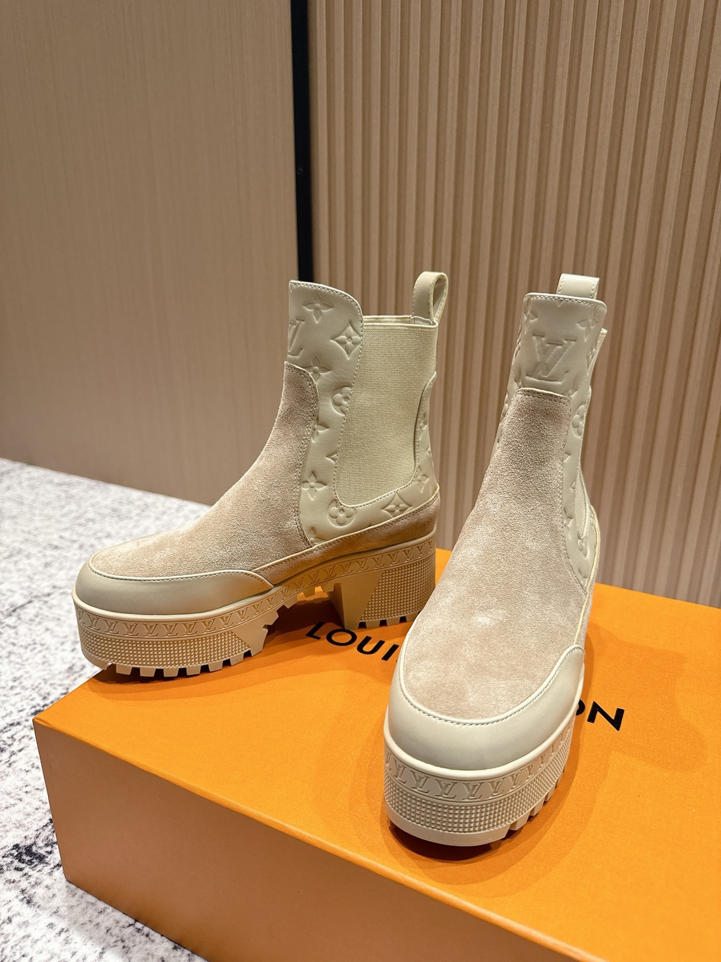 Louis Vuitton Beige Suede Monogram Platform Ankle Boots