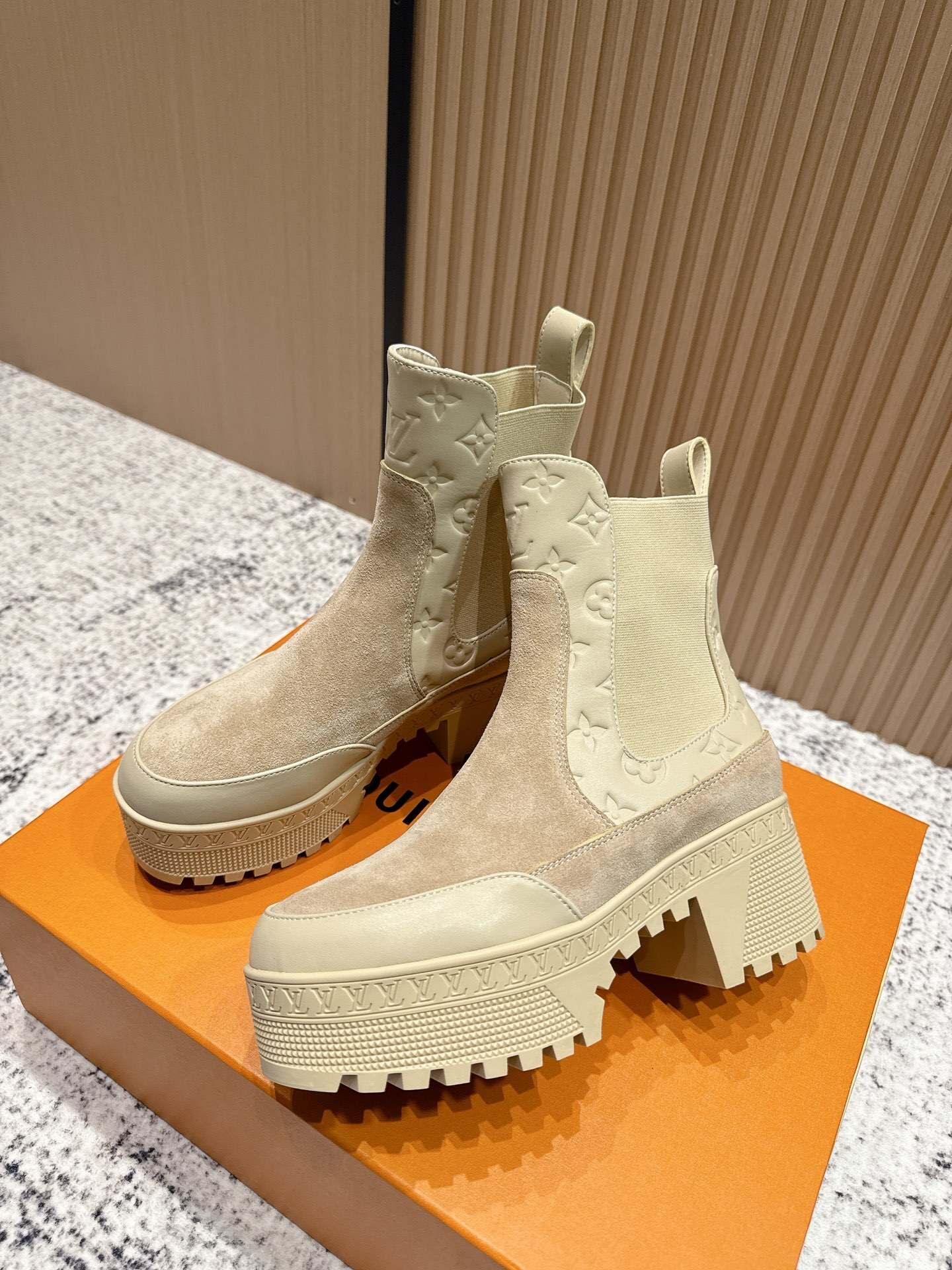 Louis Vuitton Beige Suede Monogram Platform Ankle Boots