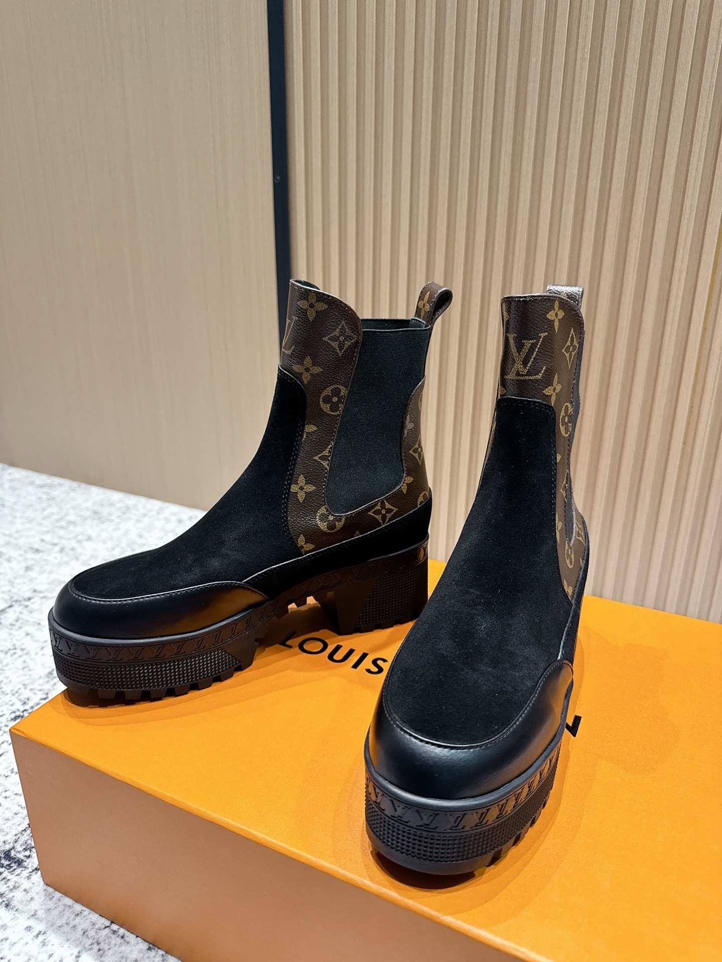 Louis Vuitton Black Suede & Monogram Canvas Ankle Chelsea Boots