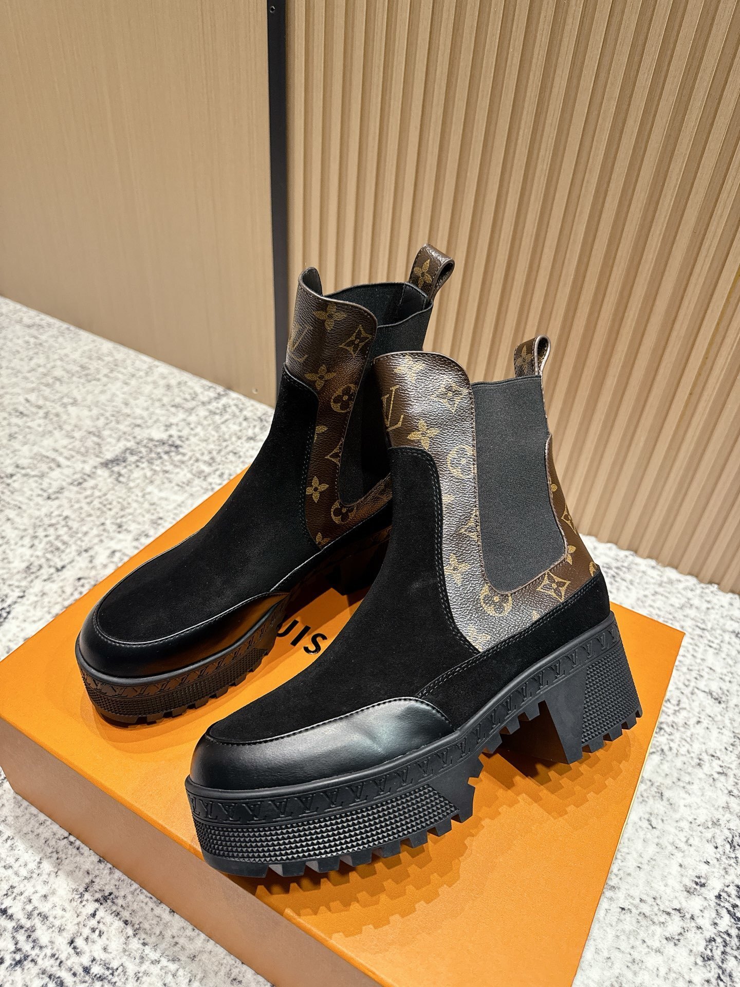 Louis Vuitton Black Suede & Monogram Canvas Ankle Chelsea Boots