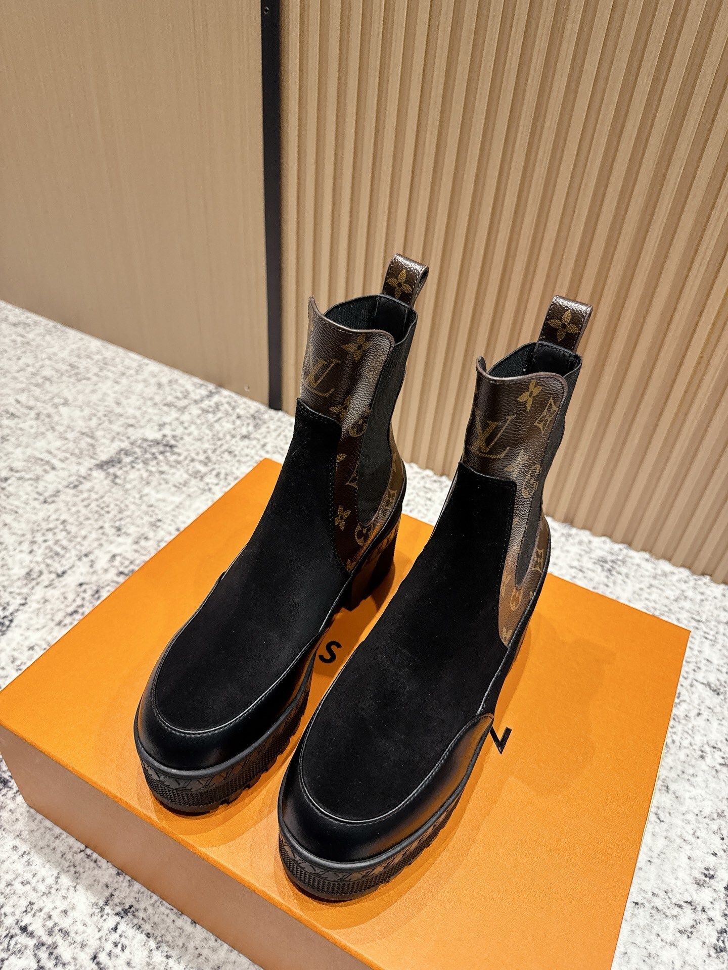 Louis Vuitton Black Suede & Monogram Canvas Ankle Chelsea Boots