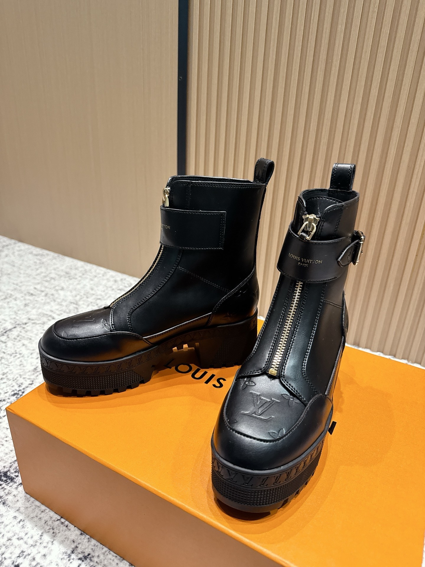 Louis Vuitton Black Leather Front-Zip Platform Ankle Boots
