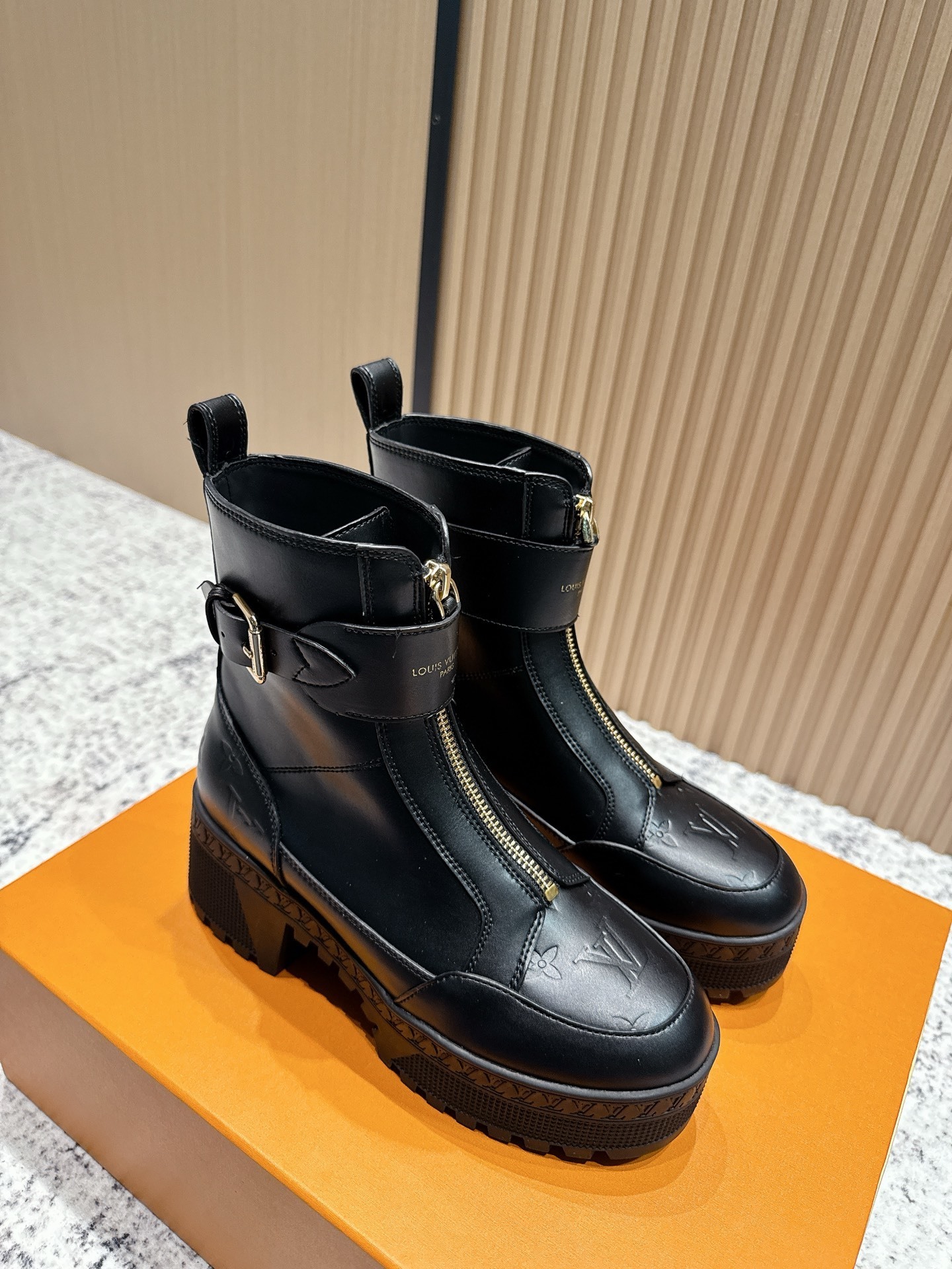 Louis Vuitton Black Leather Front-Zip Platform Ankle Boots