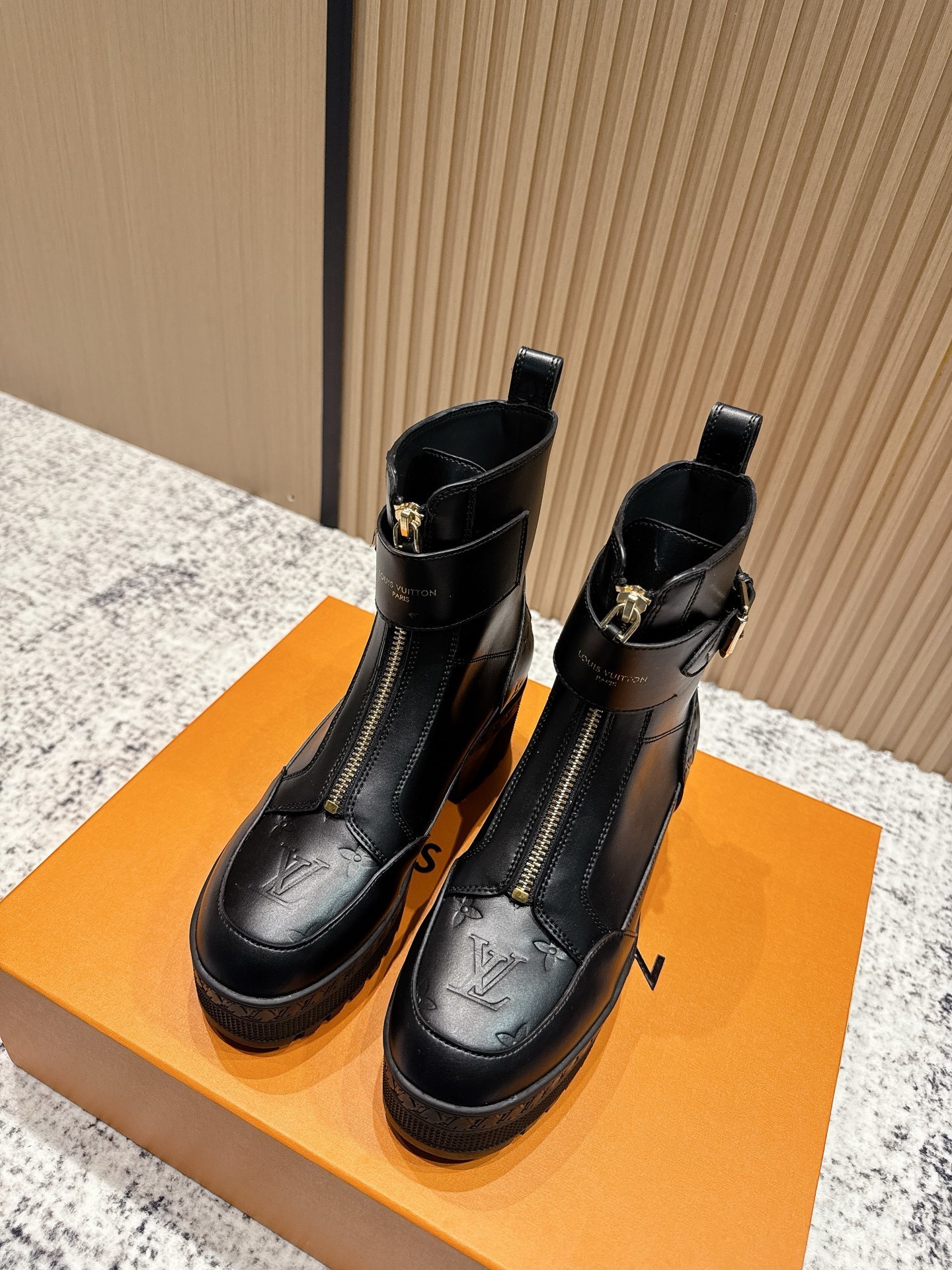 Louis Vuitton Black Leather Front-Zip Platform Ankle Boots