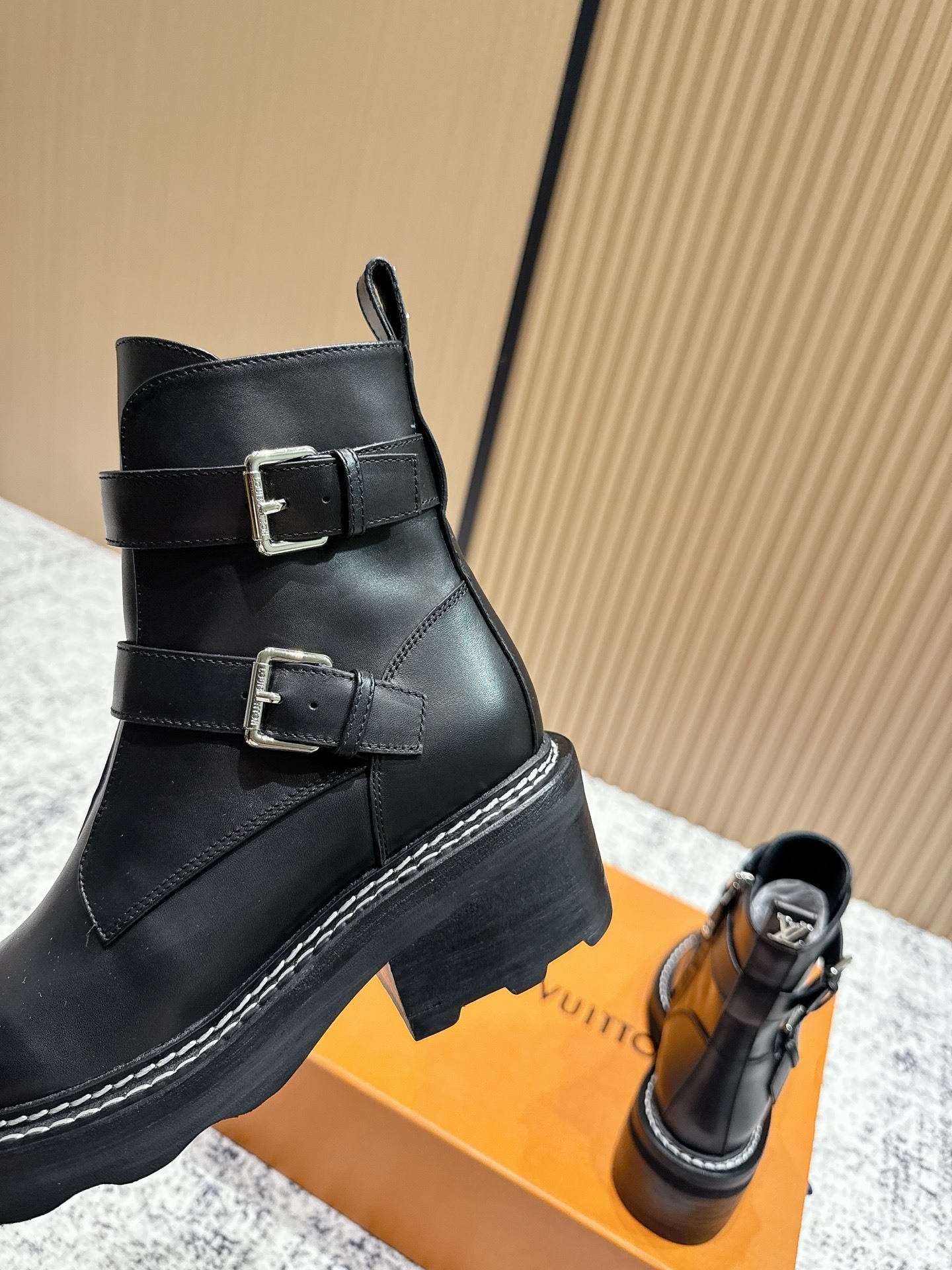 Women's Black Leather Buckle Ankle Boots - Chic Chunky Heel Boots