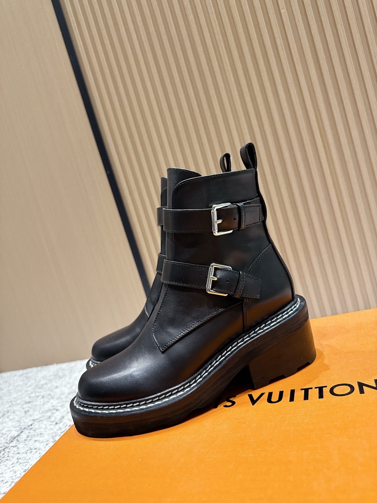 Women's Black Leather Buckle Ankle Boots - Chic Chunky Heel Boots