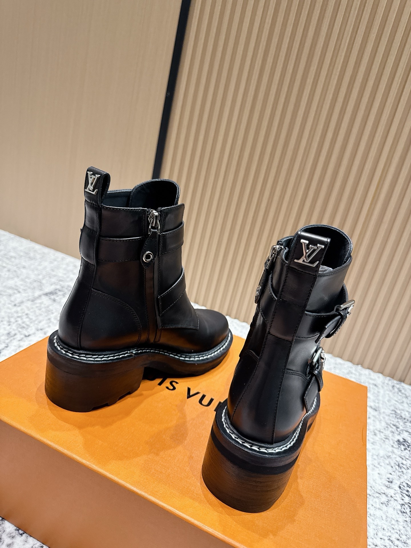 Women's Black Leather Buckle Ankle Boots - Chic Chunky Heel Boots