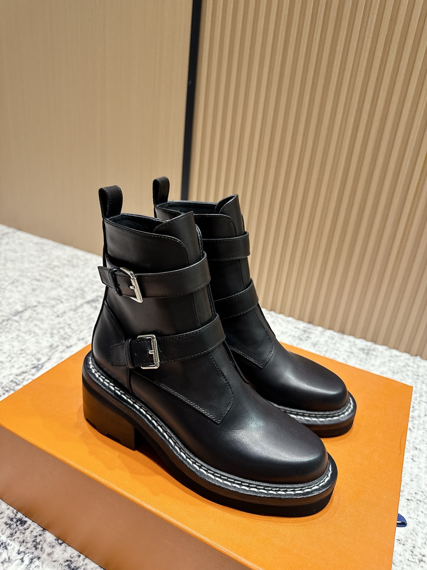 Women's Black Leather Buckle Ankle Boots - Chic Chunky Heel Boots