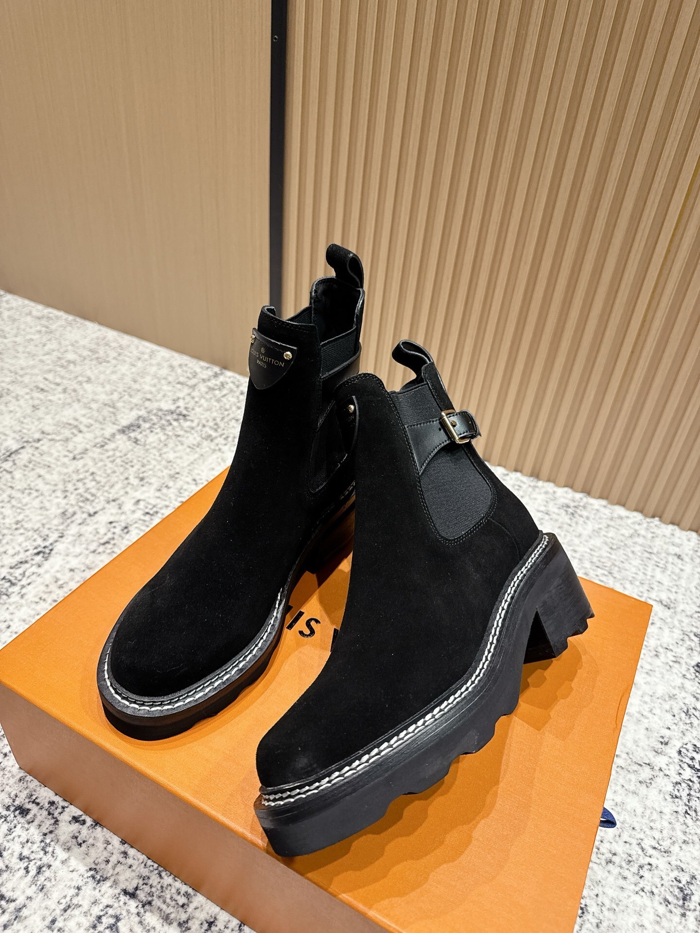 Louis Vuitton Women's Black Suede Block Heel Ankle Boots