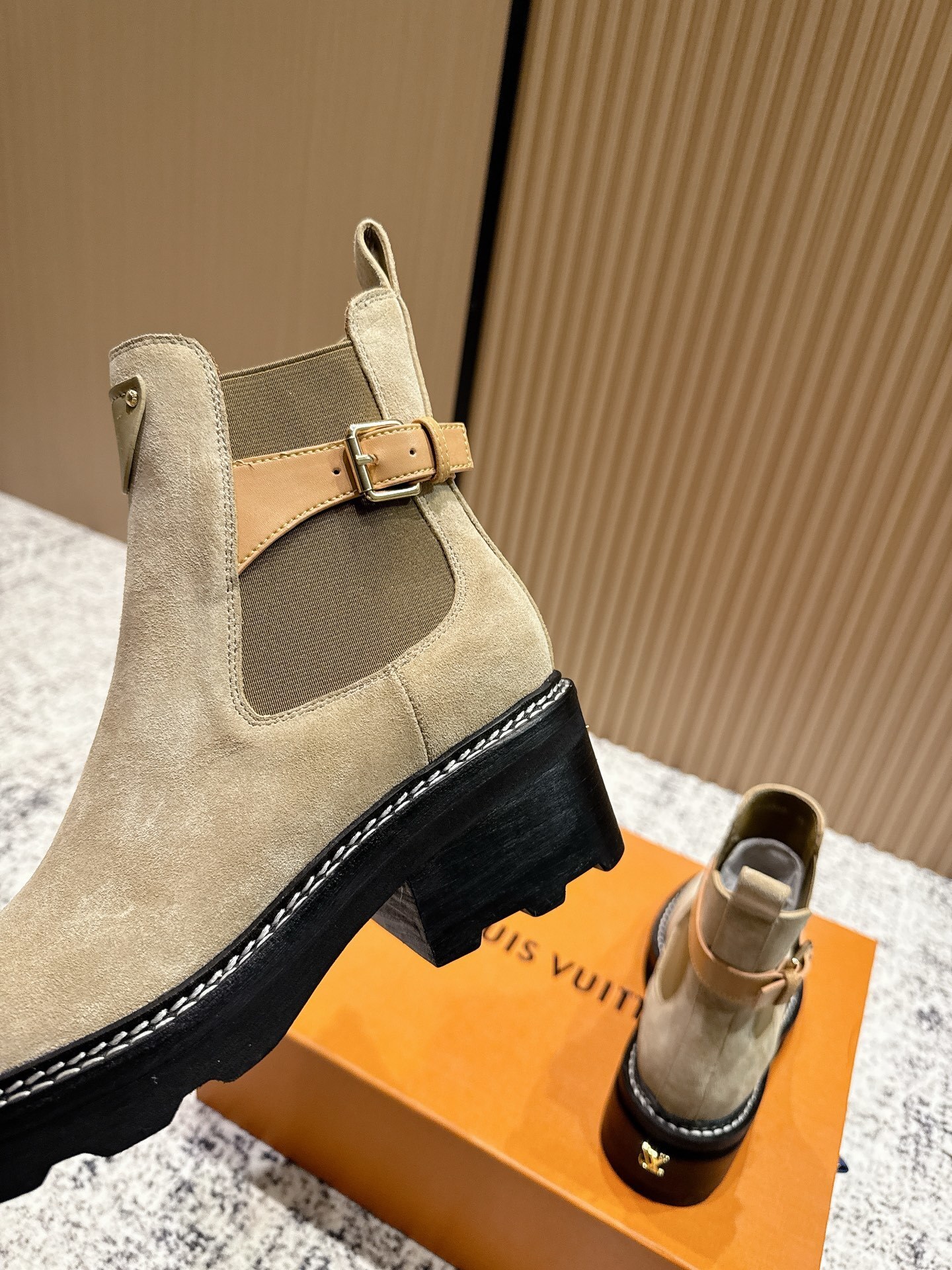 Louis Vuitton Beige Suede Chelsea Ankle Boots with Contrast Stitching