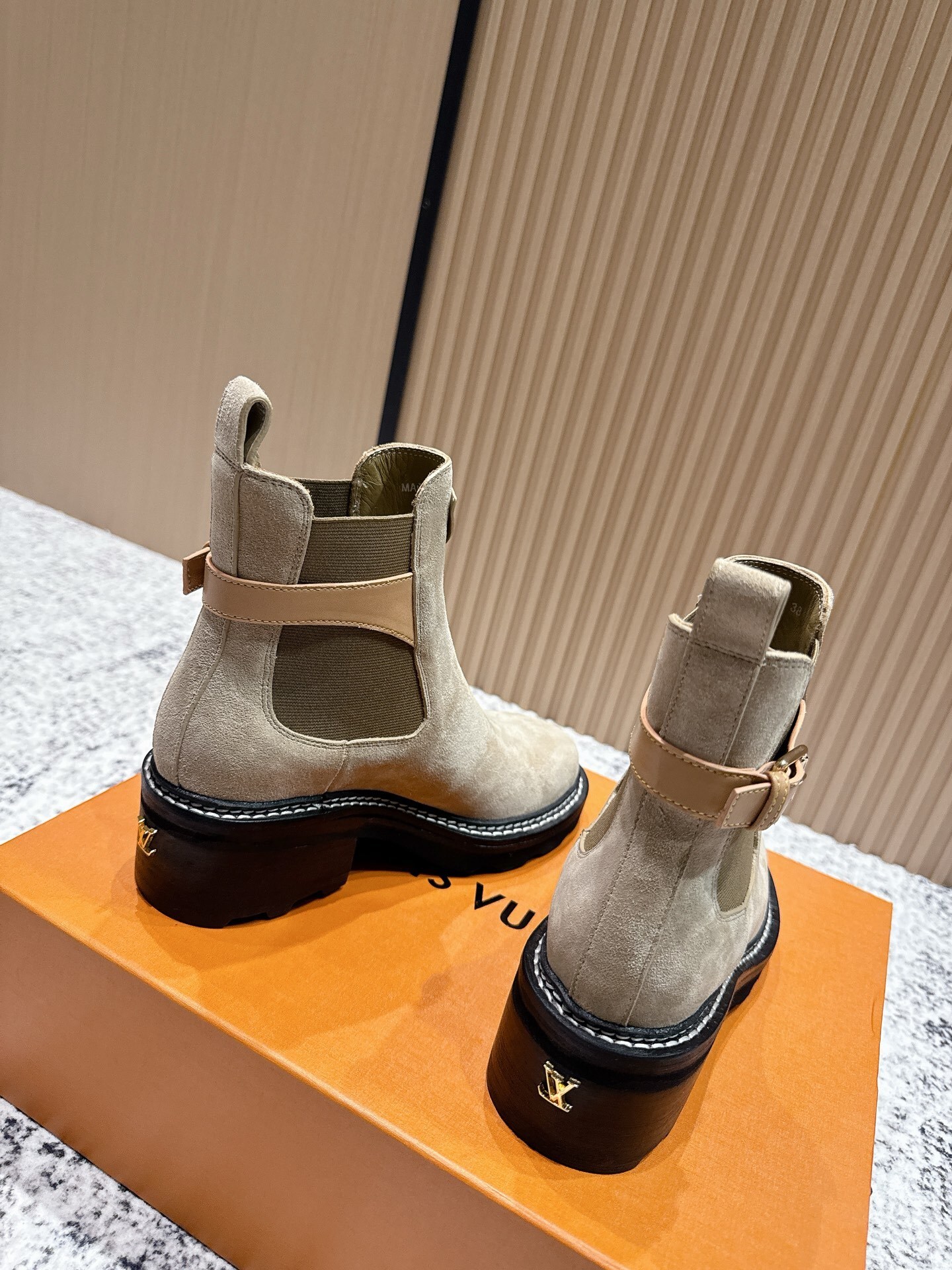 Louis Vuitton Beige Suede Chelsea Ankle Boots with Contrast Stitching