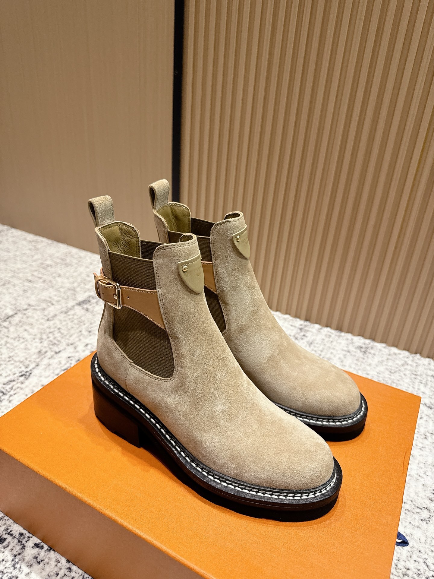 Louis Vuitton Beige Suede Chelsea Ankle Boots with Contrast Stitching